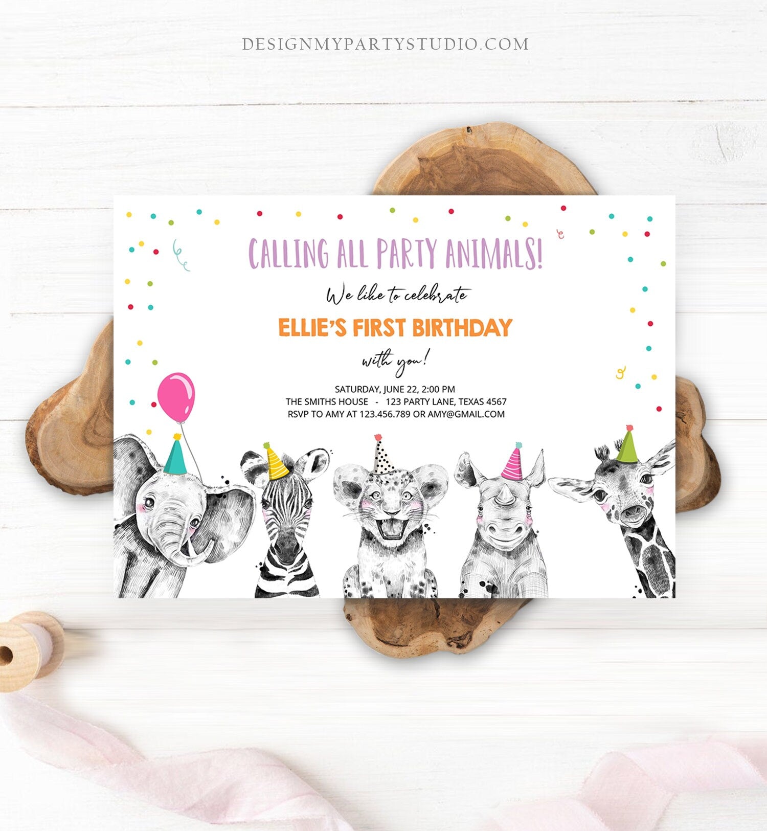 Editable Party Animals Birthday Invitation Wild One Animals Invitation Zoo Safari Animals Girl Download Printable Invite Template Corjl 0390