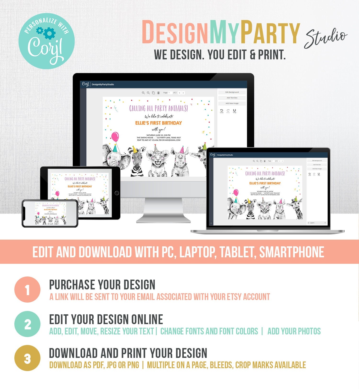 Editable Party Animals Birthday Invitation Wild One Animals Invitation Zoo Safari Animals Girl Download Printable Invite Template Corjl 0390