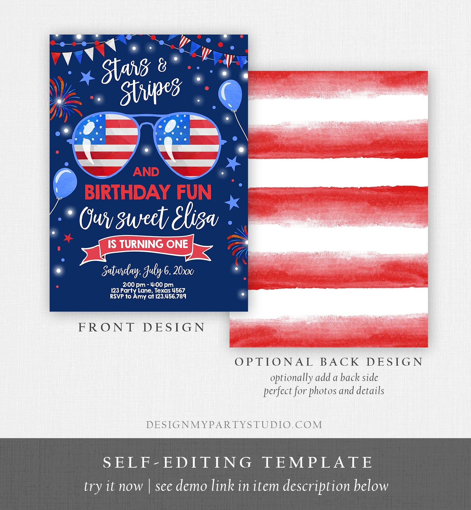 Editable Memorial Day Birthday Invitation 4th of July Little Firecracker Stars and Stripes Red White Blue Template Corjl Digital 0122