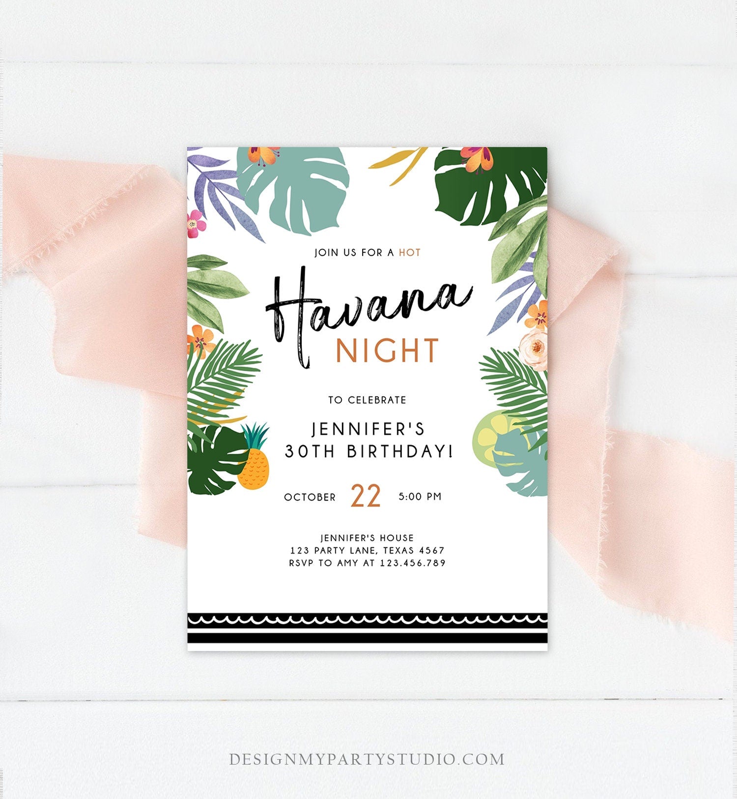 Editable Havana Nights Invitation Night in Havana Birthday Vintage Tropical Beach Digital Download Evite Template Printable 0287