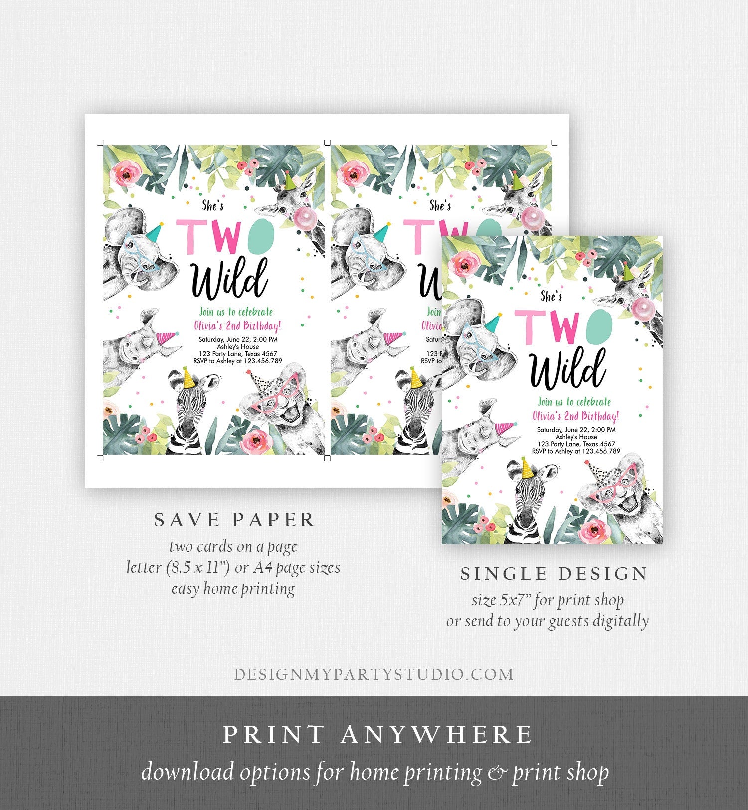 Editable Two Wild Birthday Invitation Girl Safari Animals Party Animals Second Birthday 2nd Digital Download Corjl Template Printable 0322