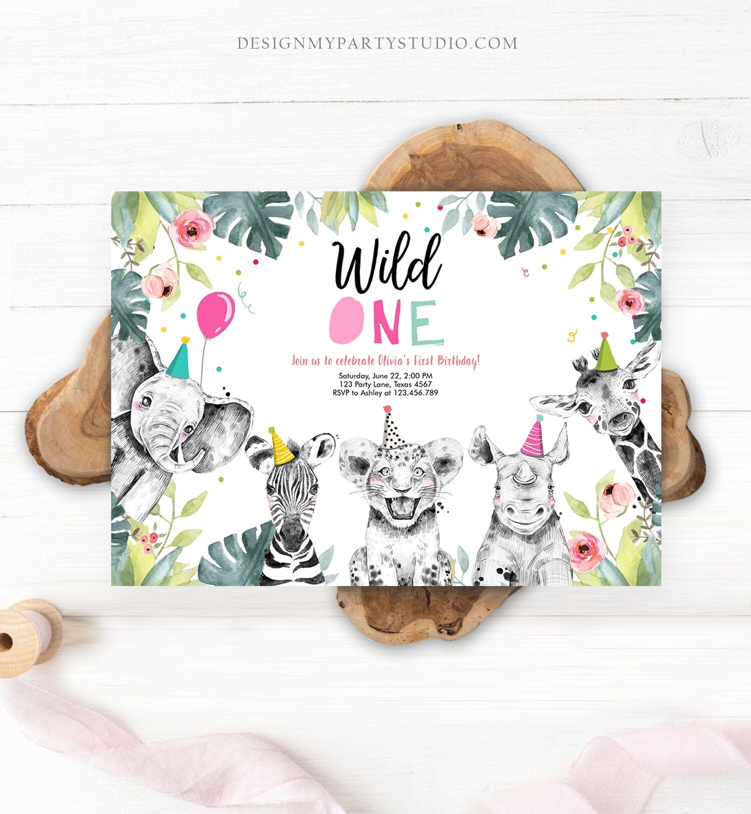 Editable Wild One Birthday Invitation Girl Safari Animals Invite Pink and Gold Party Animals Download Printable Template Corjl Digital 0322
