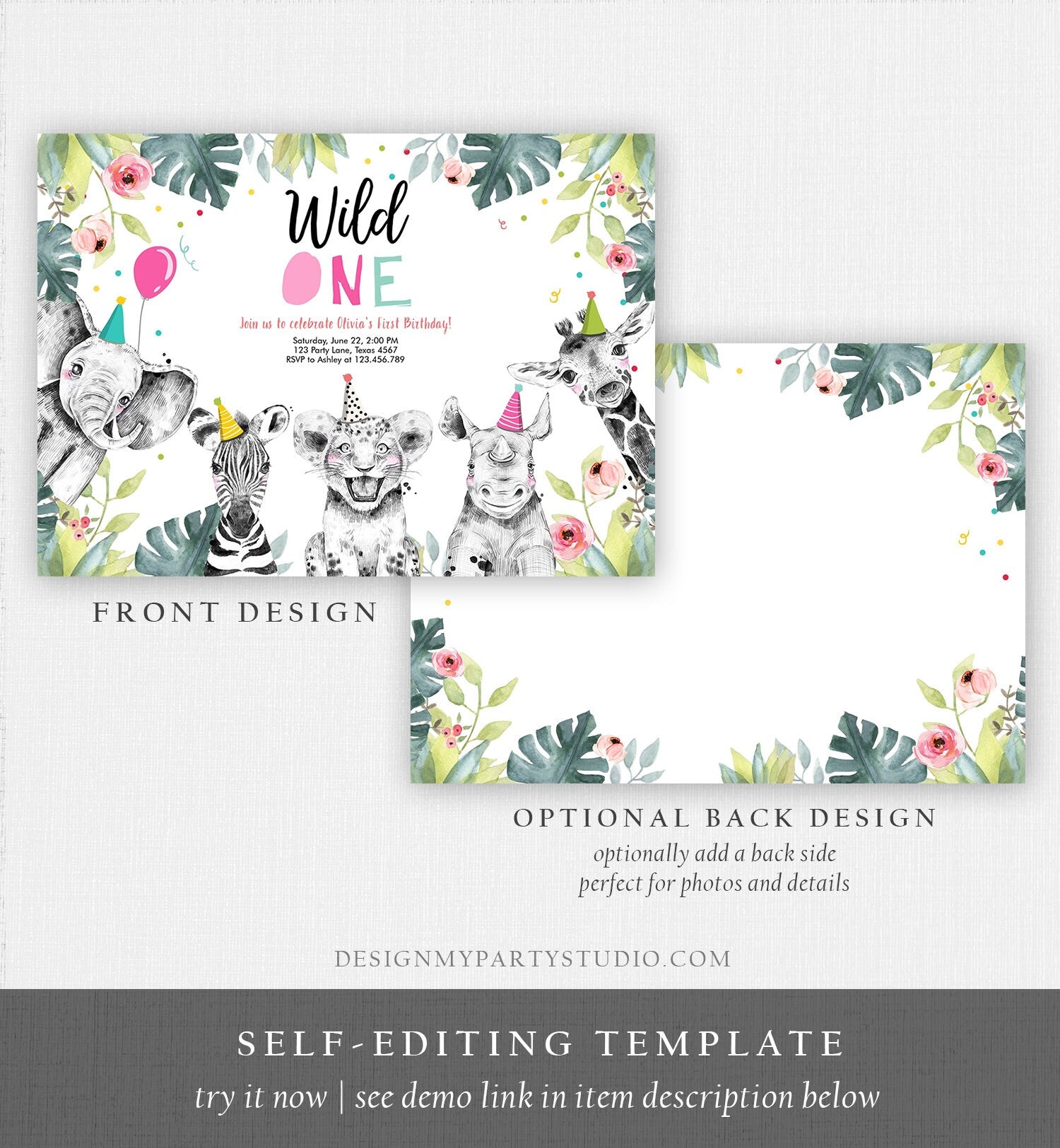Editable Wild One Birthday Invitation Girl Safari Animals Invite Pink and Gold Party Animals Download Printable Template Corjl Digital 0322