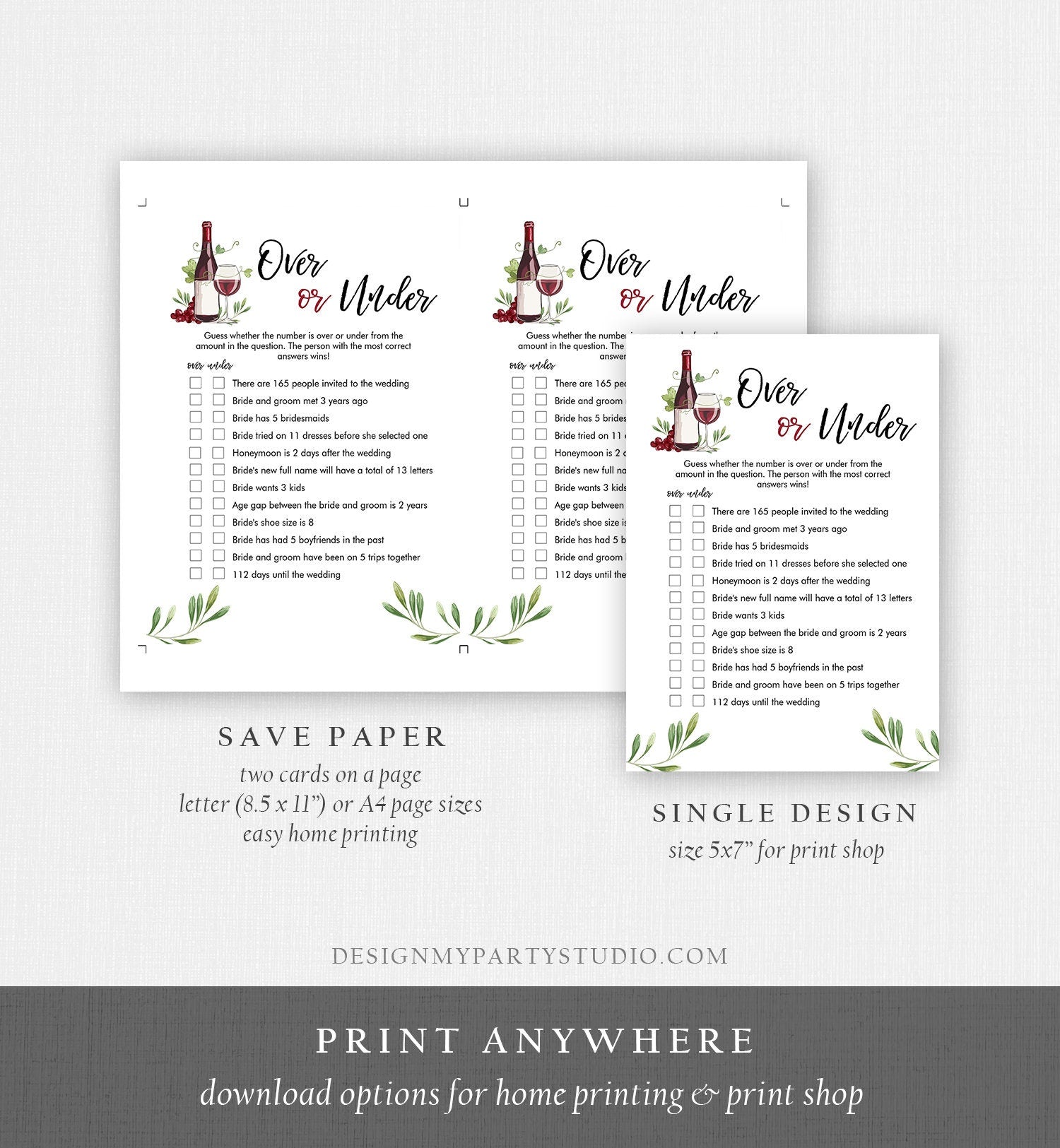 Editable Over or Under Bridal Shower Game Wine Tasting Vineyard Grapes Wedding Shower Activity Download Corjl Template Printable 0234