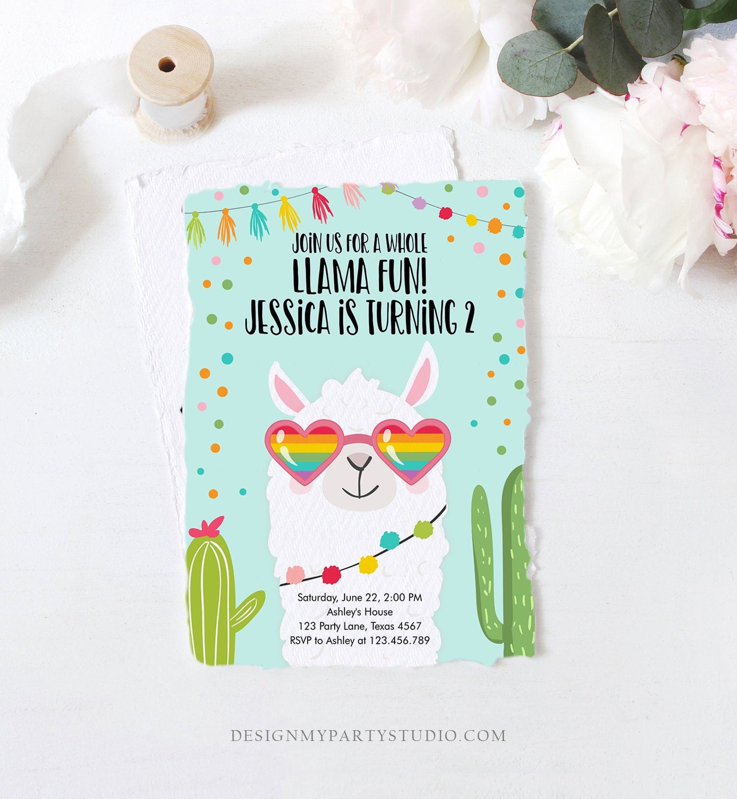 Editable Whole Llama Fun Birthday Invitation Llama Fiesta Cactus Sunglasses Girl Blue Alpaca Instant Download Printable Template Corjl 0079