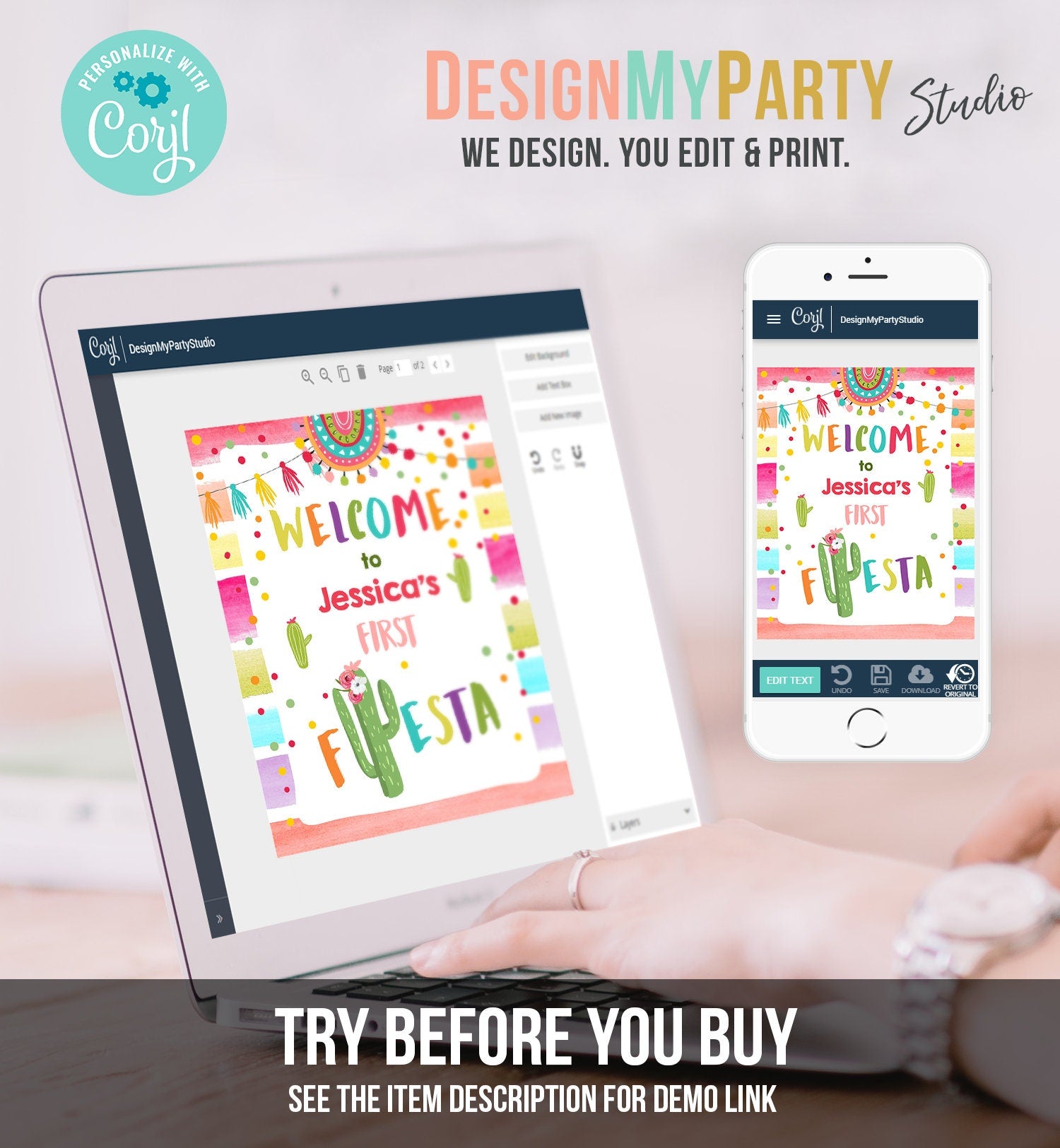 Editable Fiesta Welcome Sign Girl First Birthday Table Sign 1st Cactus Mexican Succulent Decor Poster Colors Digital Template Printable 0134