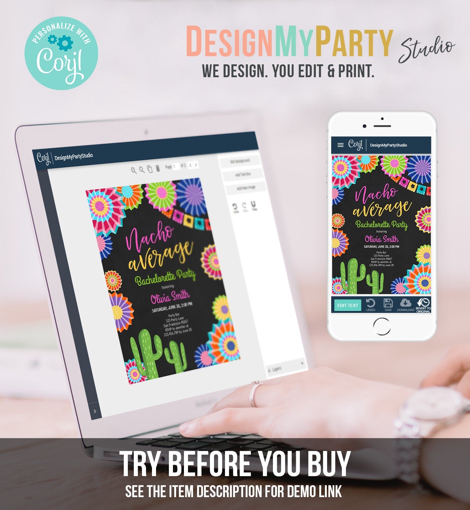 Editable Fiesta Nacho Average Bachelorette Party Invitation Cactus Mexican Bridal Shower Digital Download Corjl Template Printable 0236