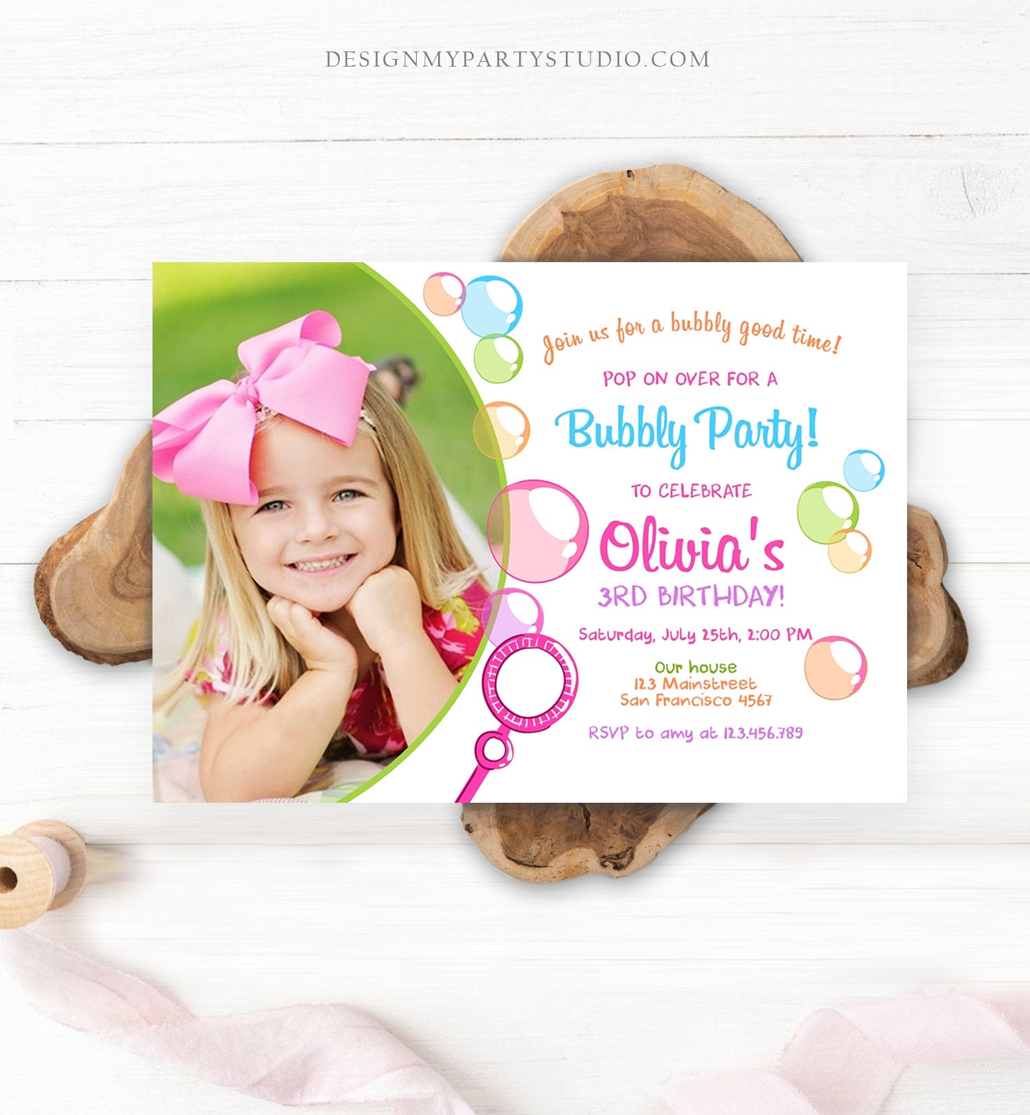 Editable Bubble Birthday Invitation Bubbles Birthday Party Invite Pop Girl Pink Purple Summer Digital Download Corjl Template Printable 0035