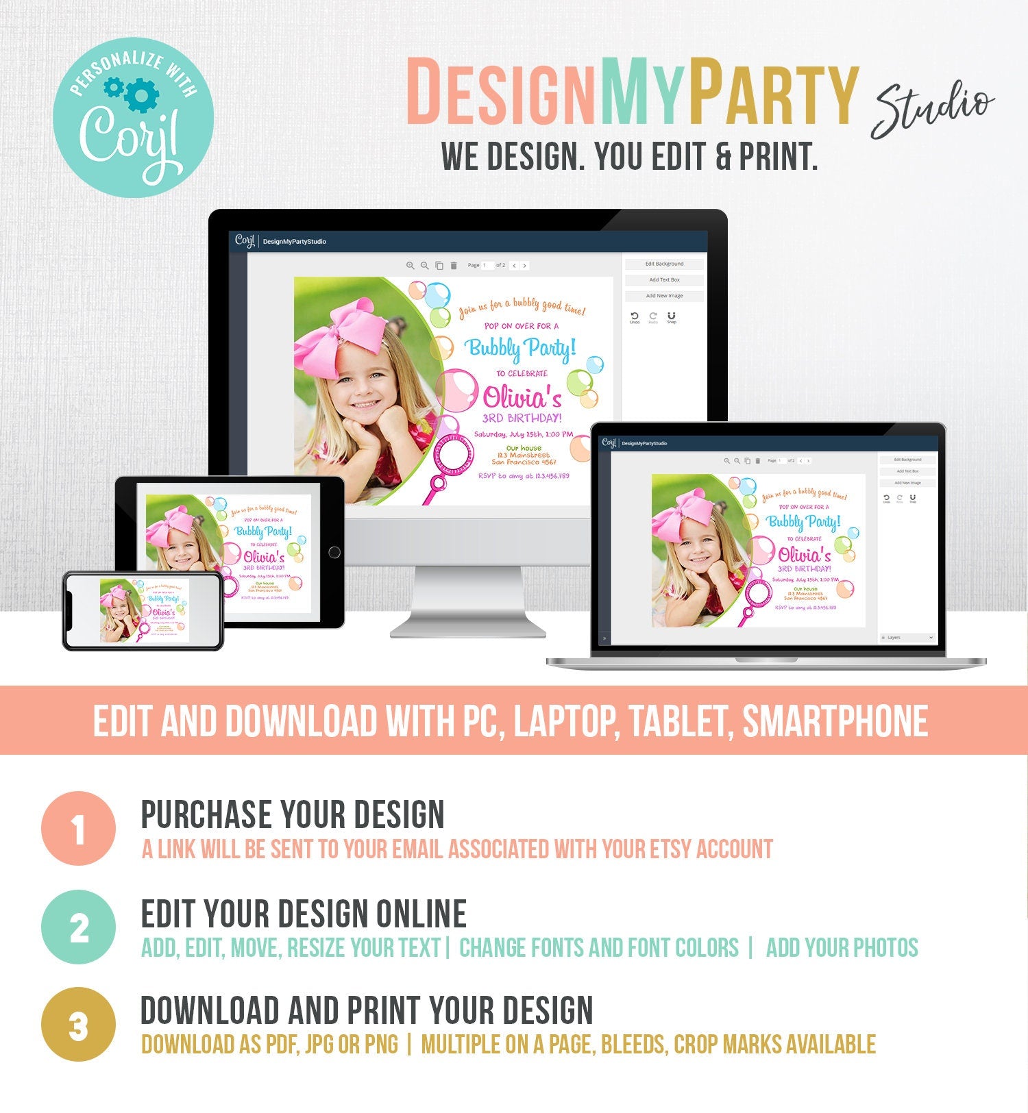 Editable Bubble Birthday Invitation Bubbles Birthday Party Invite Pop Girl Pink Purple Summer Digital Download Corjl Template Printable 0035