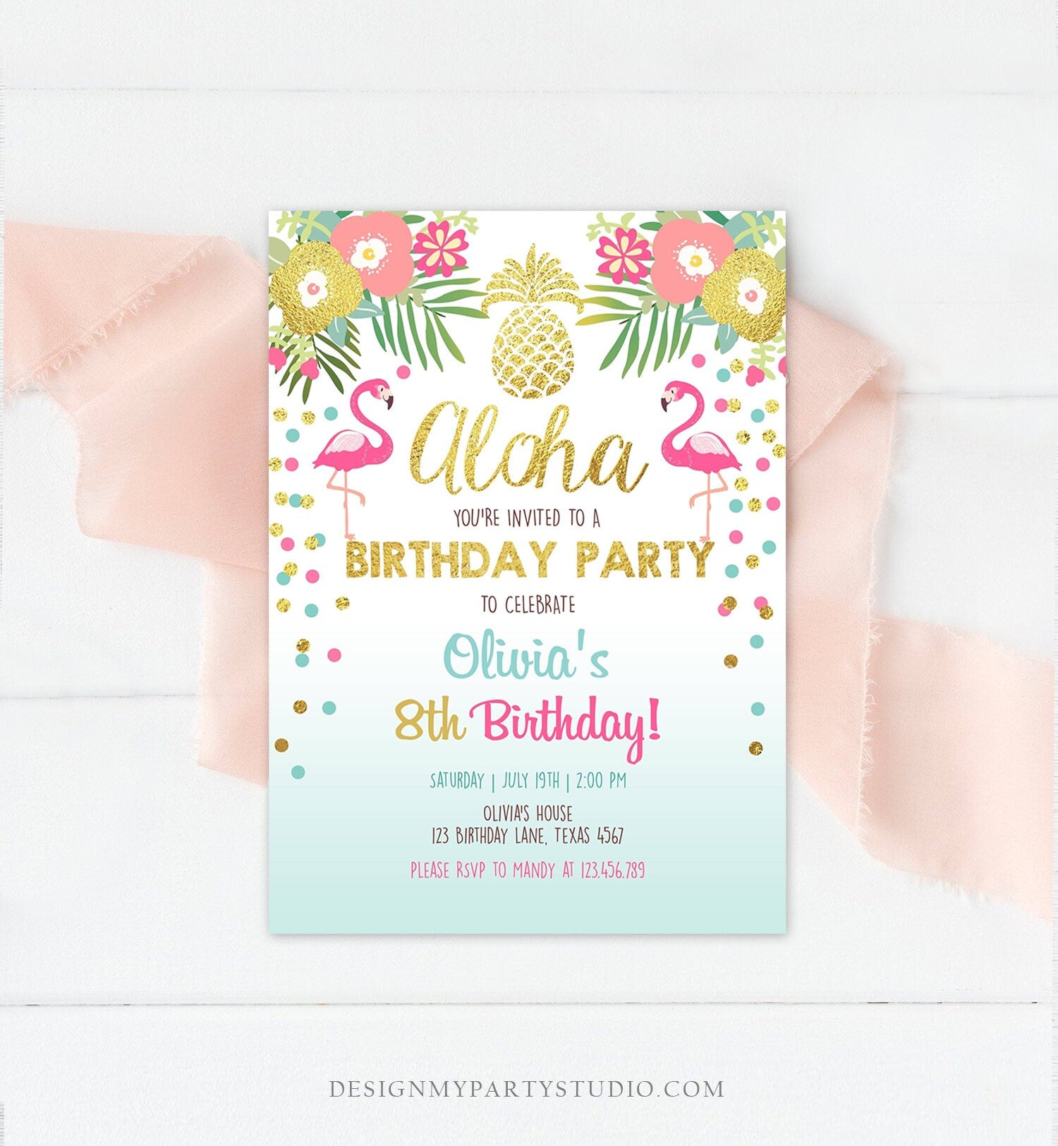 Editable Aloha Birthday Invitation Tropical Flamingo Luau Party Leaves Confetti Blue Gold Pineapple Hawaiian Corjl Template Printable 0200
