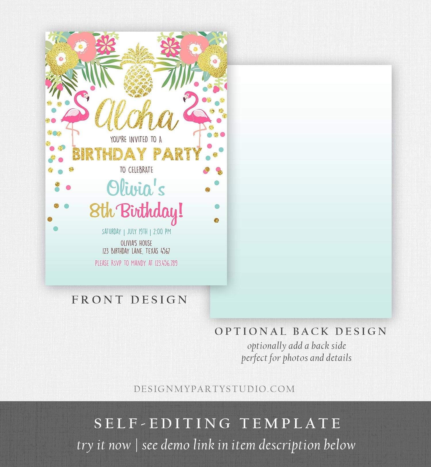 Editable Aloha Birthday Invitation Tropical Flamingo Luau Party Leaves Confetti Blue Gold Pineapple Hawaiian Corjl Template Printable 0200
