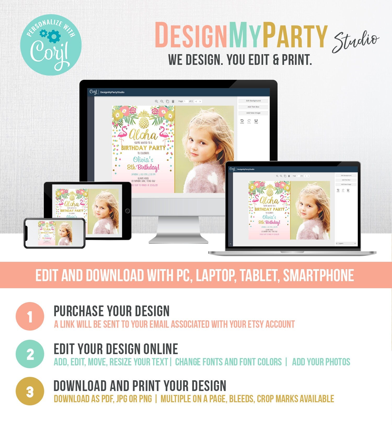 Editable Aloha Birthday Invitation Tropical Flamingo Luau Party Leaves Confetti Pink Gold Pineapple Hawaiian Corjl Template Printable 0200