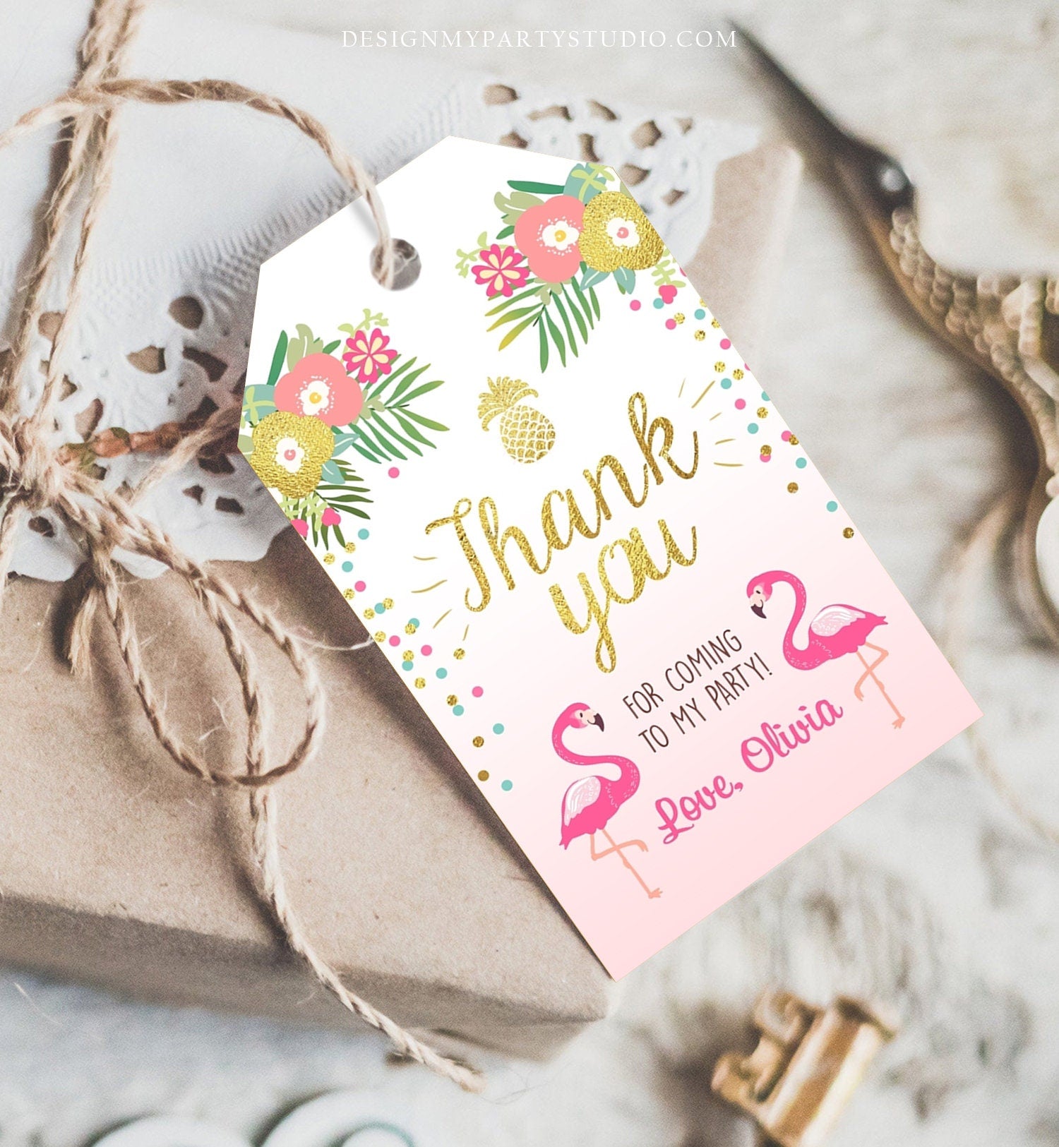 Editable Tropical Aloha Favor Tag Flamingo Luau Party Thank You Tags Birthday Pool Party Pink Gold Label Corjl Template Printable 0200