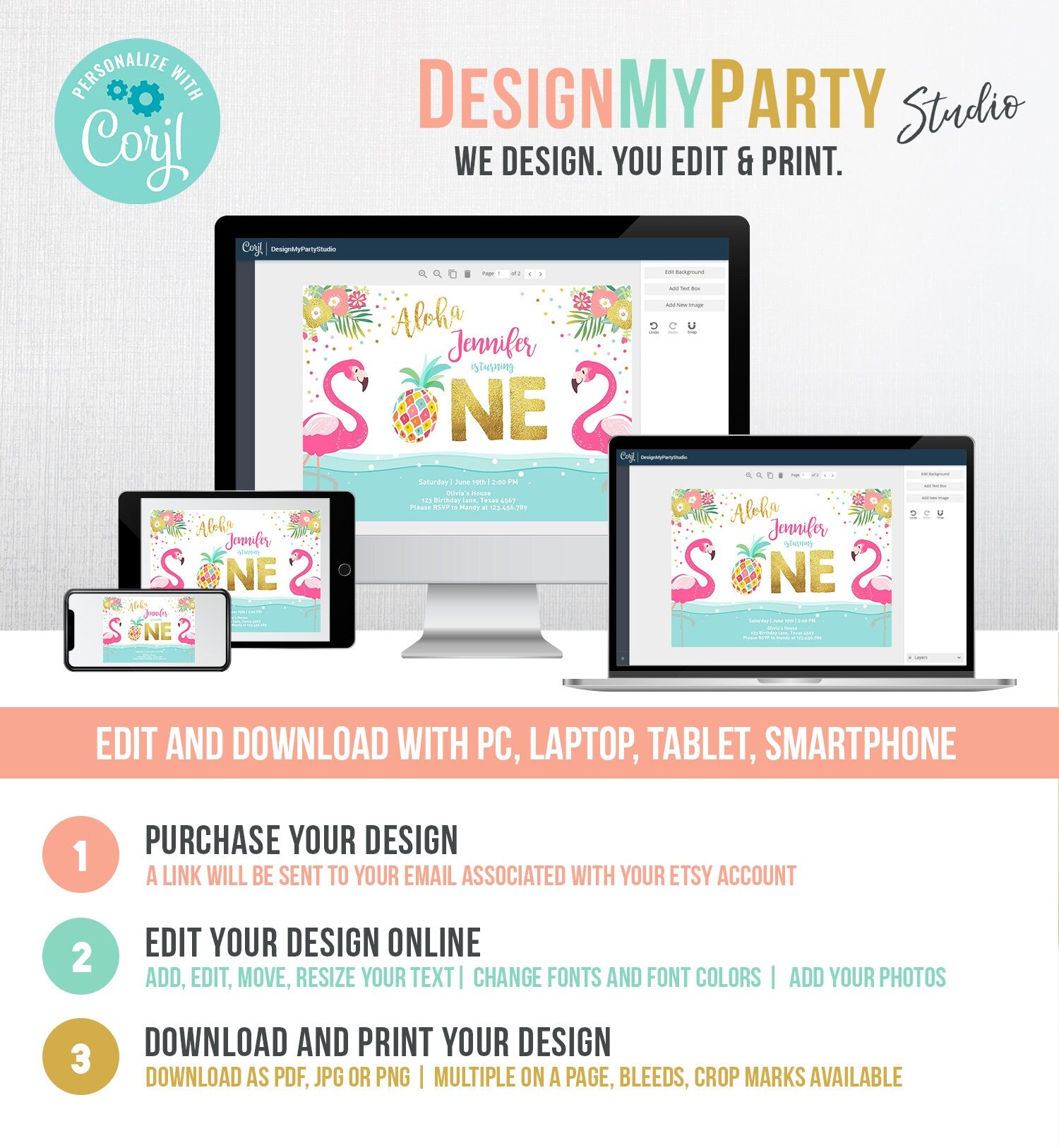 Editable Aloha Tropical First Birthday Invitation Flamingo Luau Party Leaves Pink Gold Pineapple Hawaiian Corjl Template Printable 0200