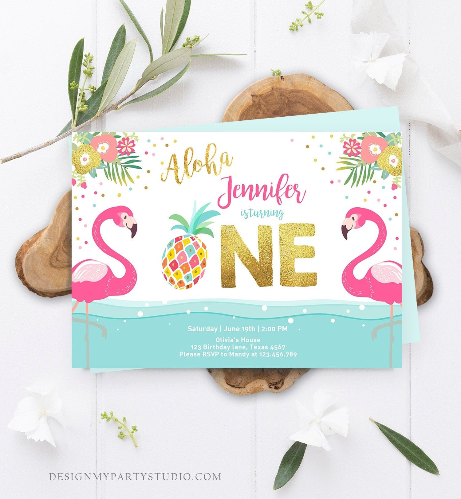 Editable Aloha Tropical First Birthday Invitation Flamingo Luau Party Leaves Pink Gold Pineapple Hawaiian Corjl Template Printable 0200