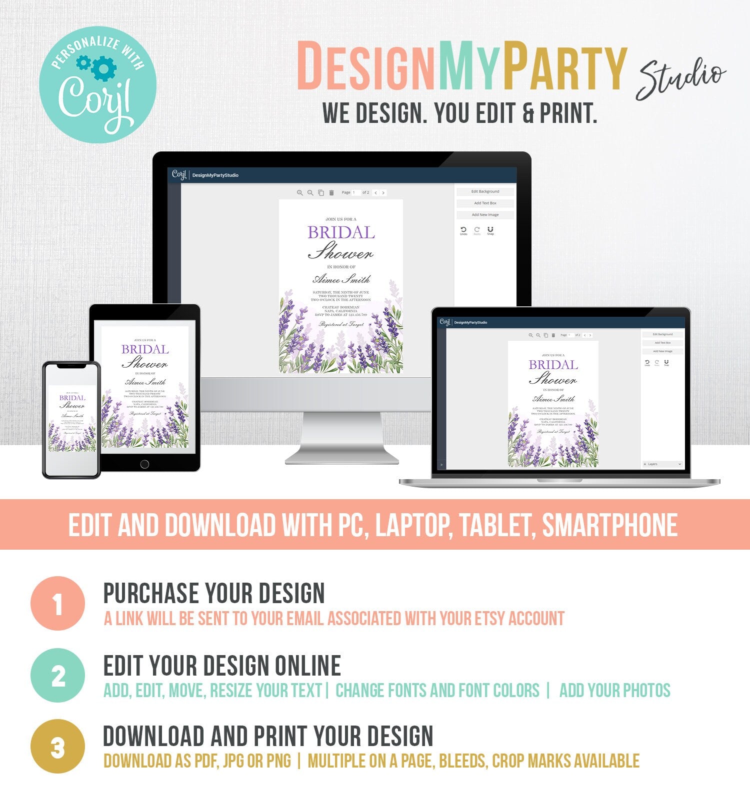 Editable Lavender Bridal Shower Invitation Greenery Foliage Boho Wedding Lilac Blush Lavender Purple Digital Corjl Template Printable 0206