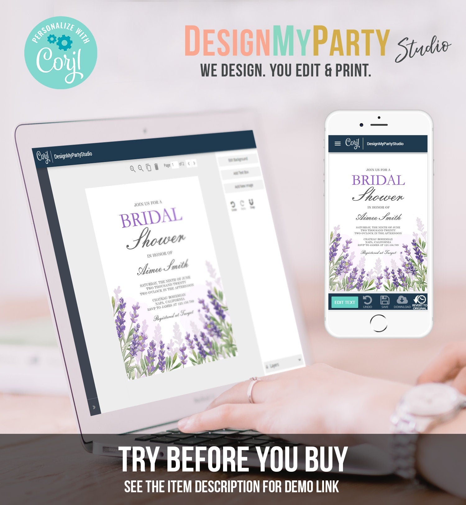 Editable Lavender Bridal Shower Invitation Greenery Foliage Boho Wedding Lilac Blush Lavender Purple Digital Corjl Template Printable 0206