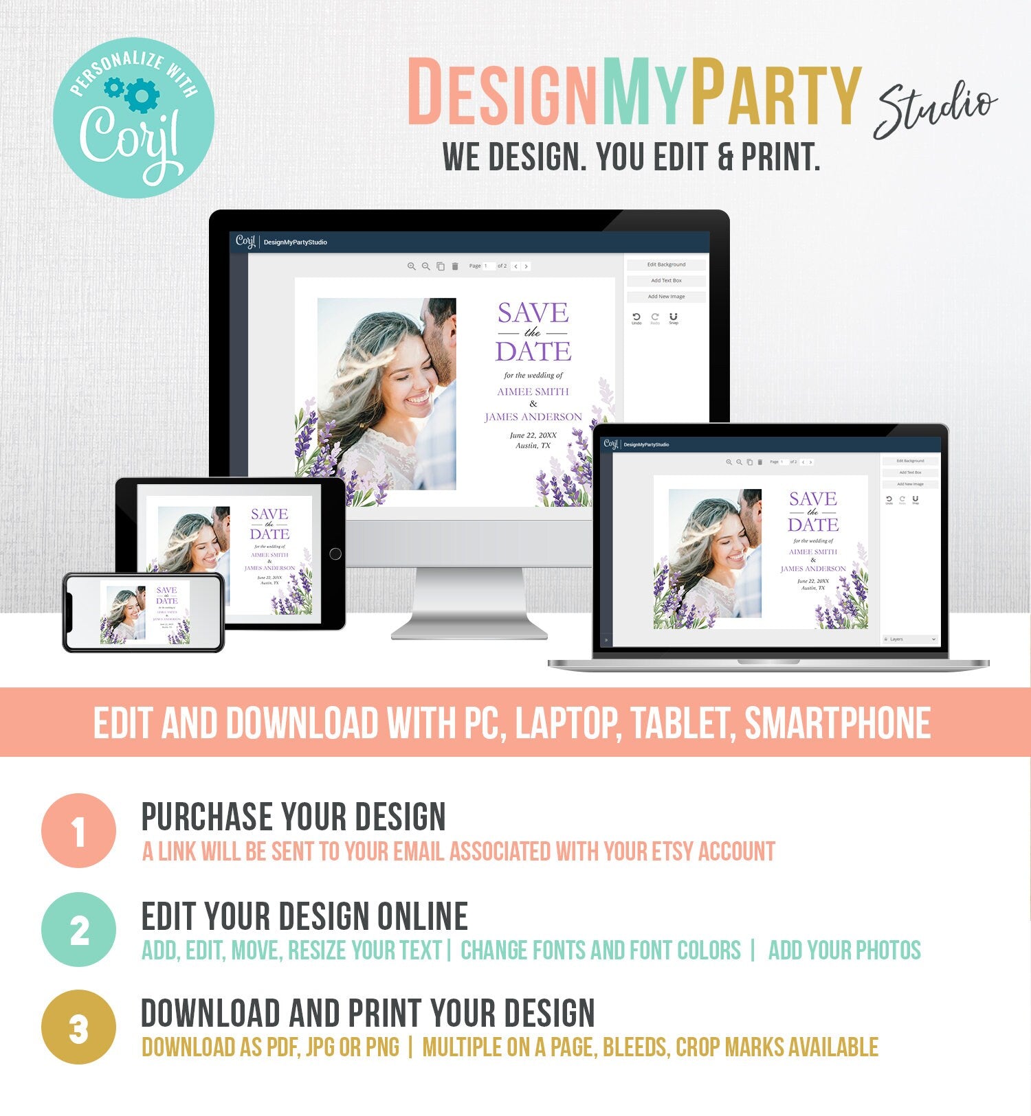 Editable Lavender Save the Date Postcard Greenery Foliage Boho Wedding Lilac Blush Lavender Purple Digital Corjl Template Printable 0206