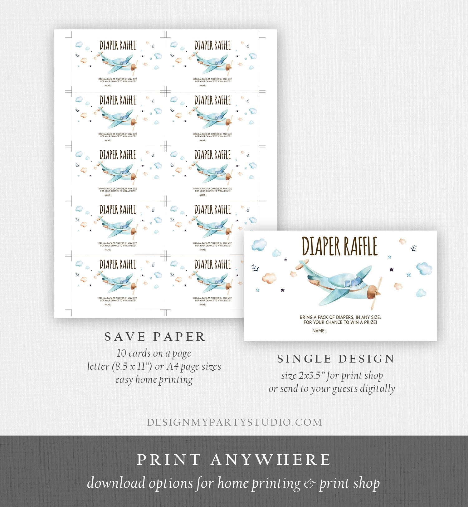 Editable Diaper Raffle Ticket Airplane Baby Shower Travel Adventure Diaper Game Blue Plane Diaper Ticket Digital Template Printable 0185