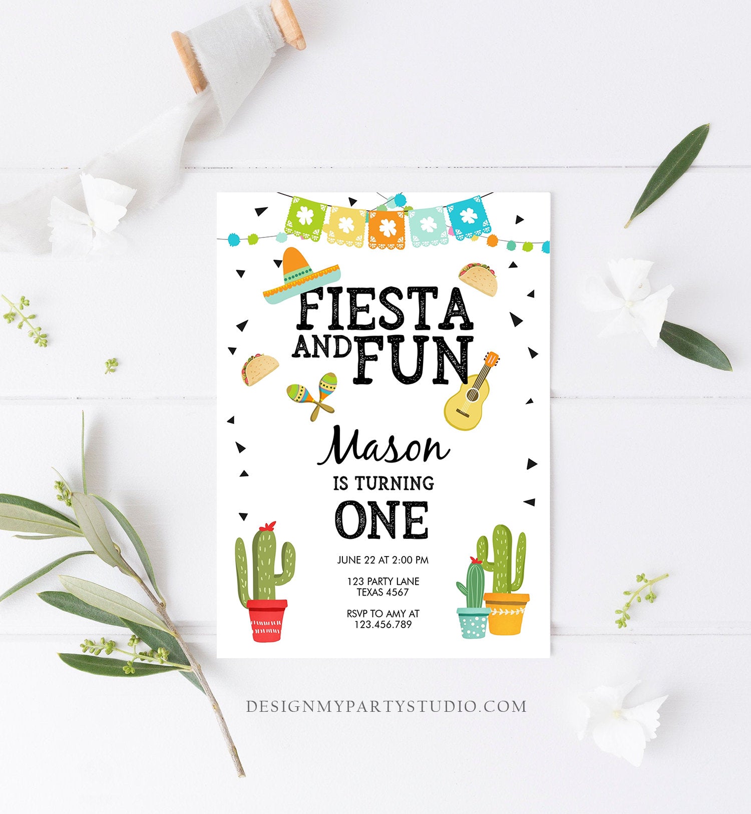 Editable Fiesta and Fun Birthday Invitation Boy First Fiesta Cactus Sombrero Mexican Blue Digital Download Evite Template Printable 0161