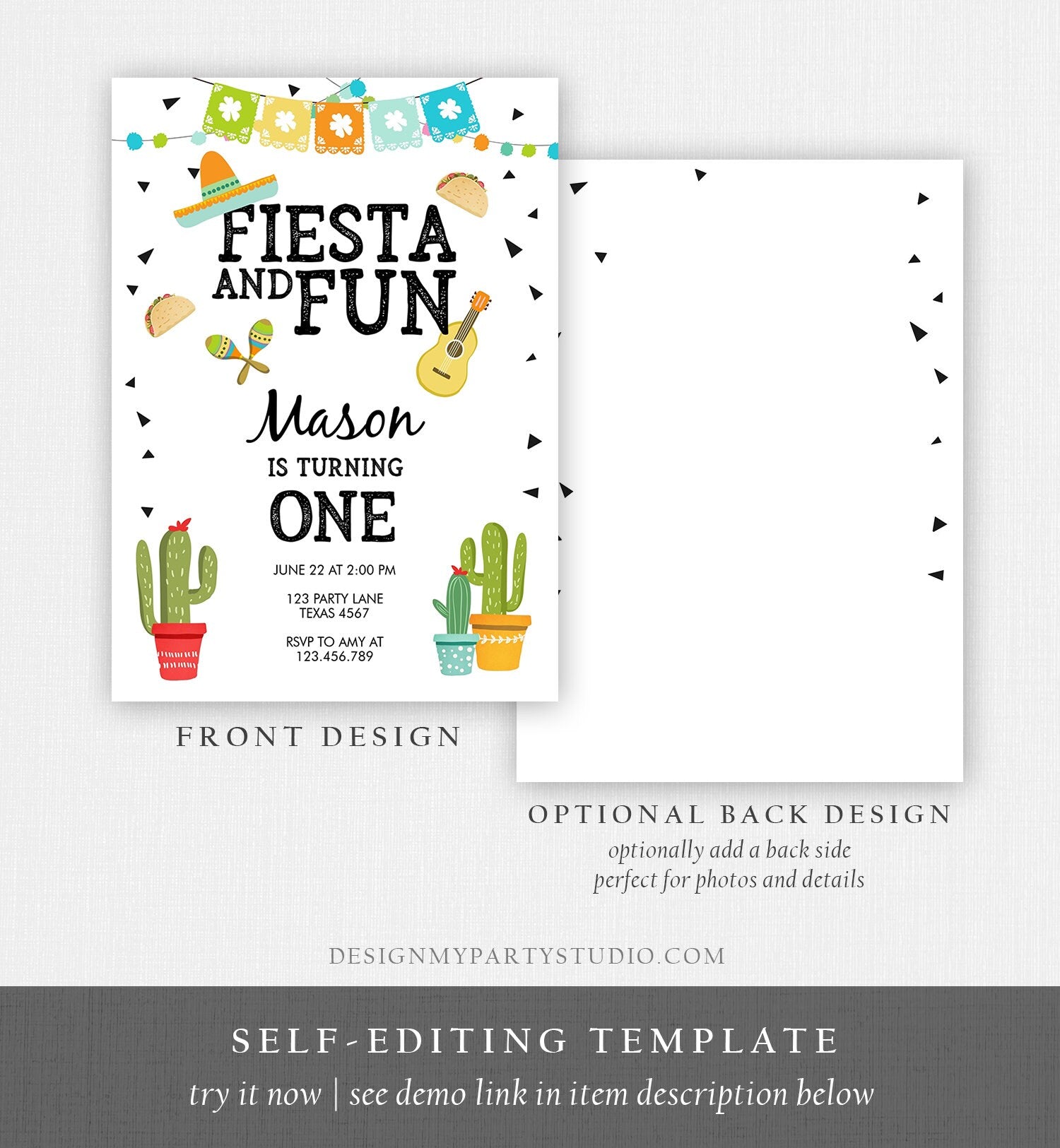 Editable Fiesta and Fun Birthday Invitation Boy First Fiesta Cactus Sombrero Mexican Blue Digital Download Evite Template Printable 0161