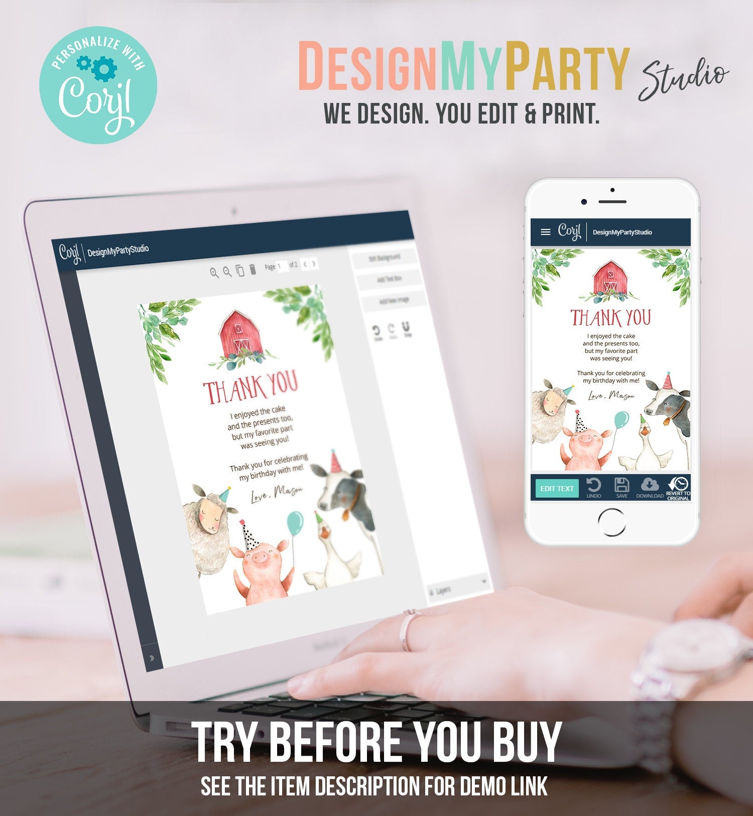 Editable Farm Animals Thank You Card Boy Birthday Red Gingham Party Animals Barnyard Thank You Note Digital Download Template Printable 0155