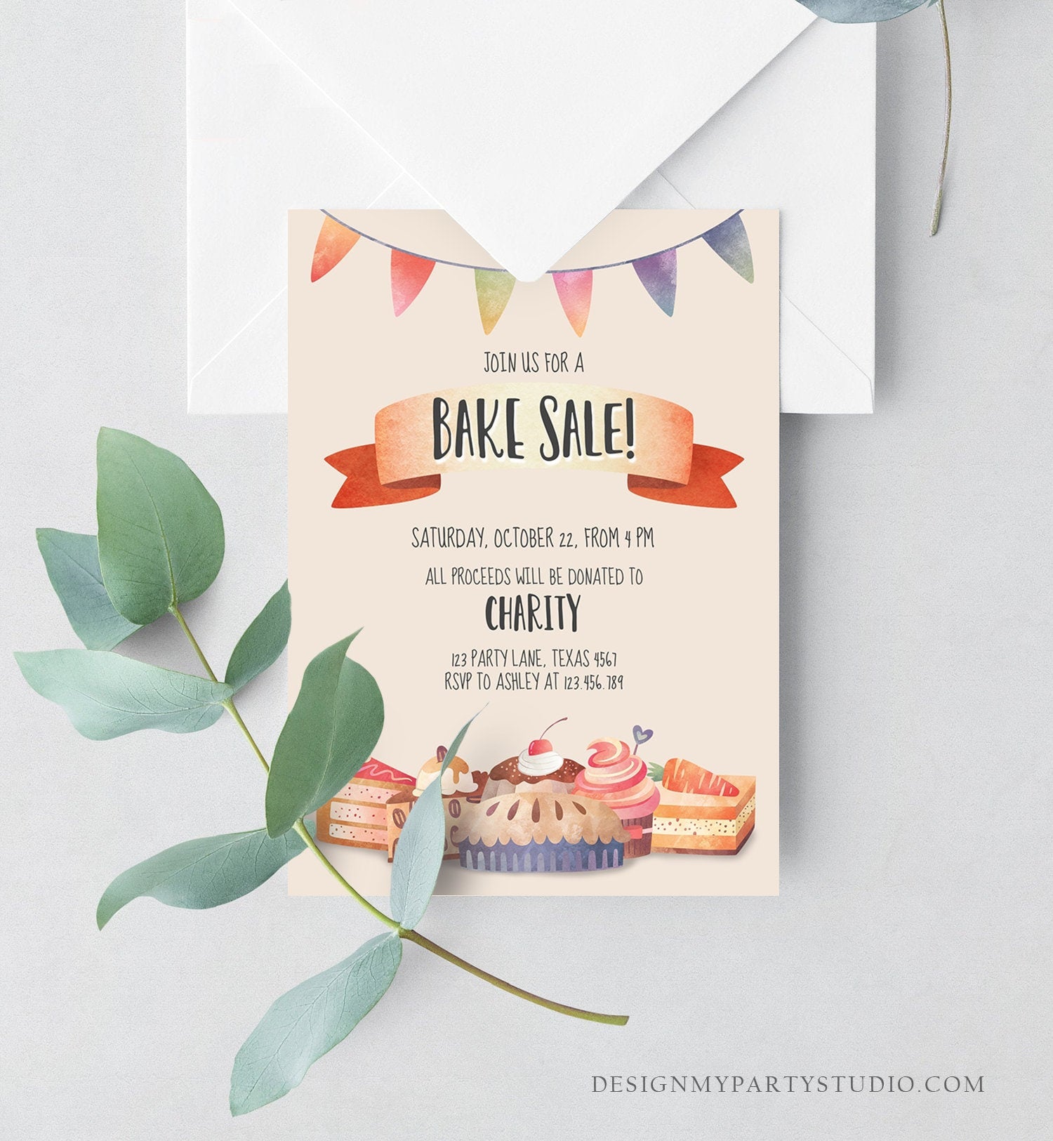 Editable Bake Sale Party Festival Invitation Fundraiser School Church Flyer Kitchen Cake Cookie Download Corjl Template Printable 0258