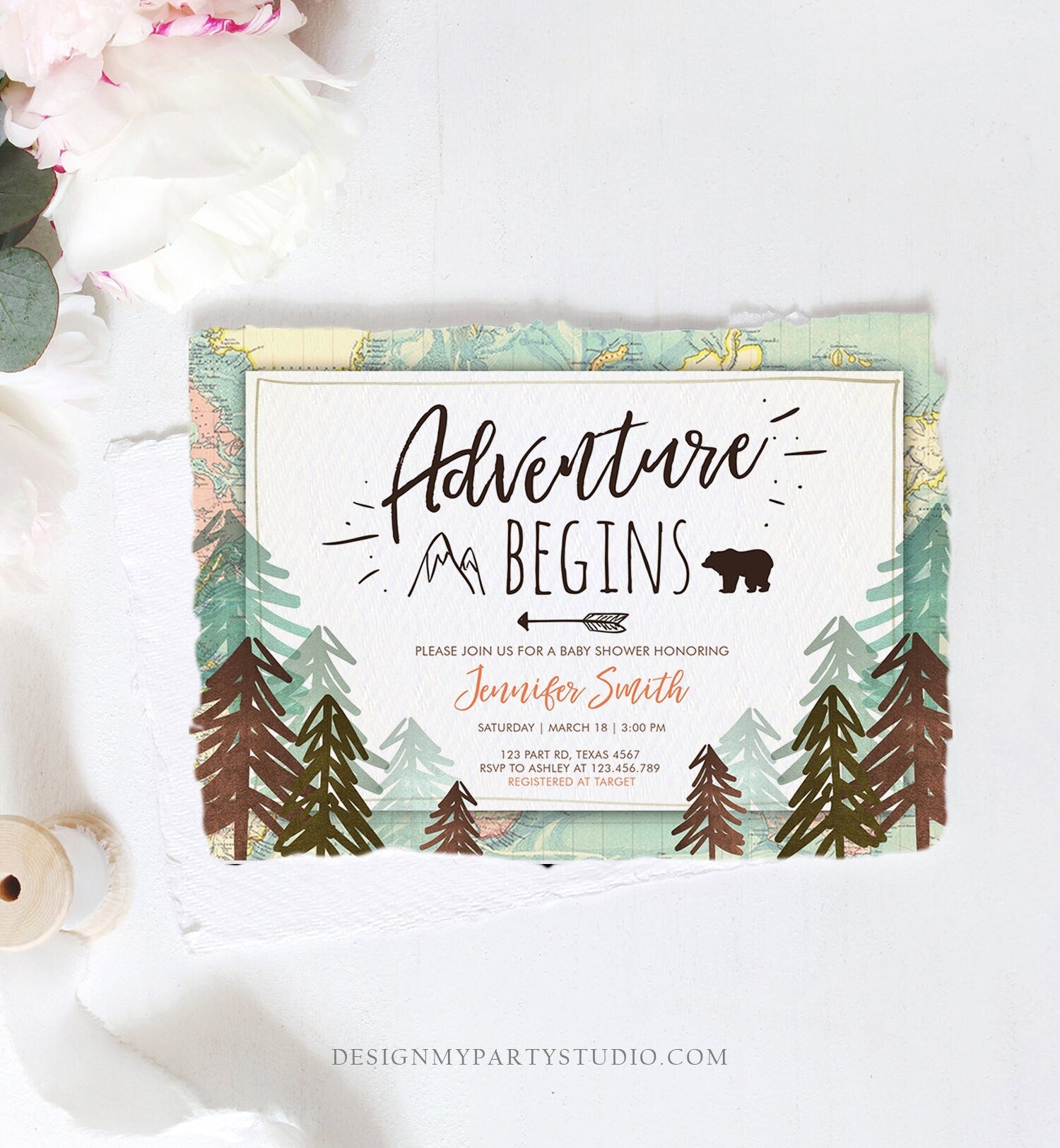 Editable Adventure Begins Baby Shower Invitation Forest Woodland Vintage Globe Travel Around the World Awaits Corjl Template Printable 0044