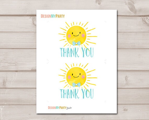 Little Sunshine Thank You Card Birthday Baby Shower Thank You Note Ray of Sunshine Bow Boy Blue 4x6" Watercolor Download Printable 0141