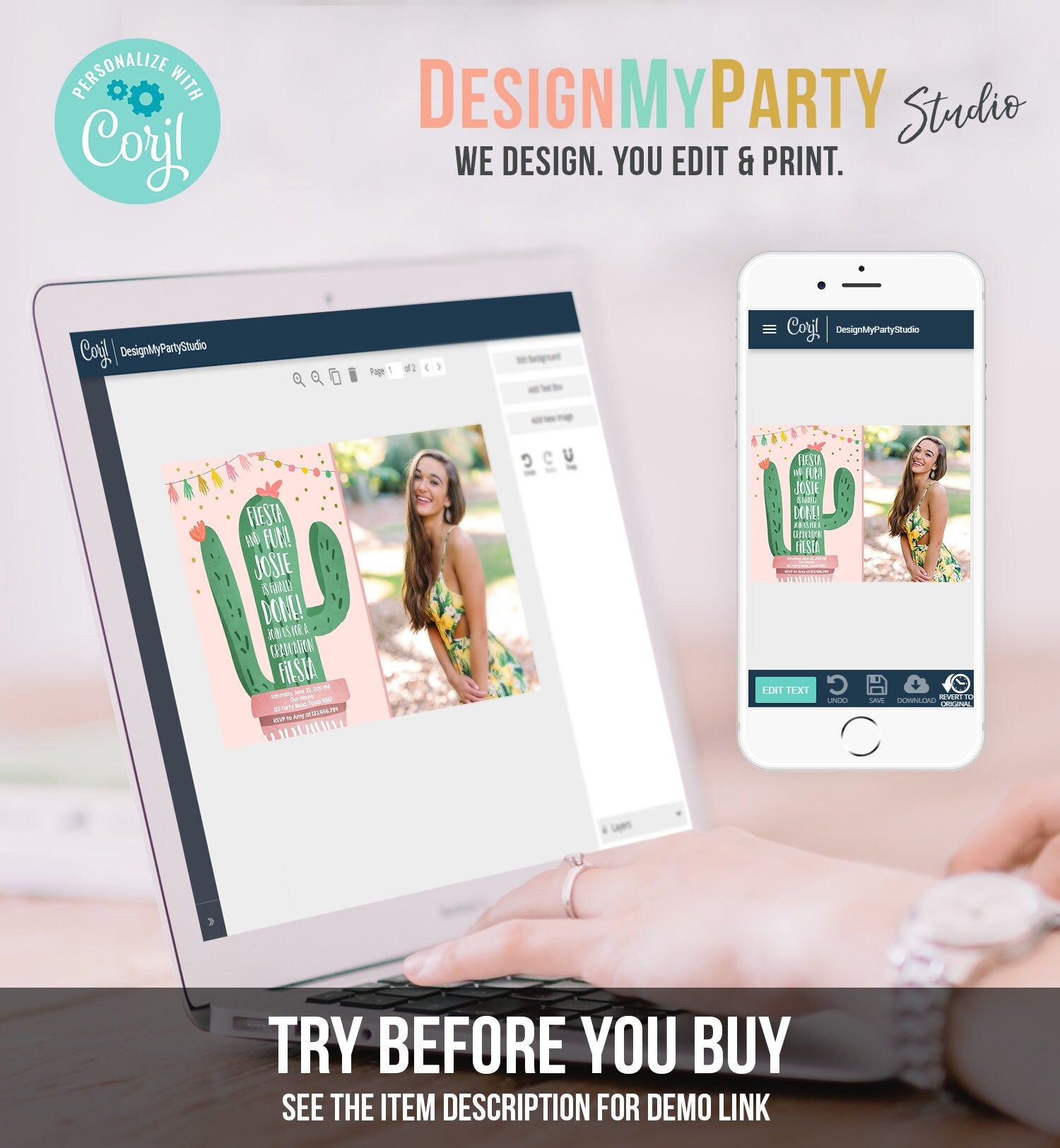 Editable Graduation Fiesta and Fun Party Invitation Finally Done Let's Fiesta Cactus College High School Grad Corjl Template Printable 0255