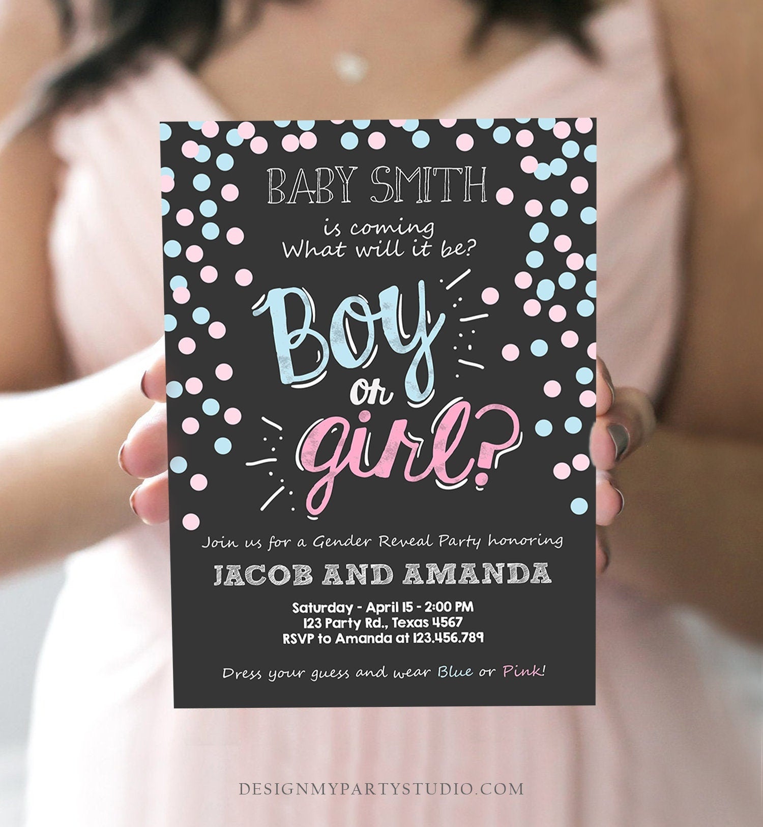 Editable Gender Reveal Invitation Boy or Girl Pink or Blue He or She Chalk Confetti Modern Simple Invite Template Instant Download Corjl