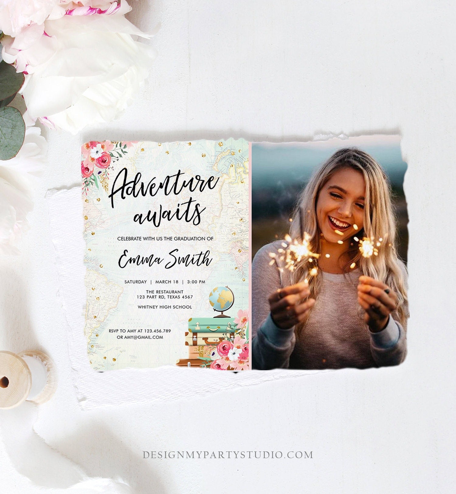 Editable Adventure Awaits Graduation Party Invitation Travel Around the World High School Grad College Digital Template Printable 0030