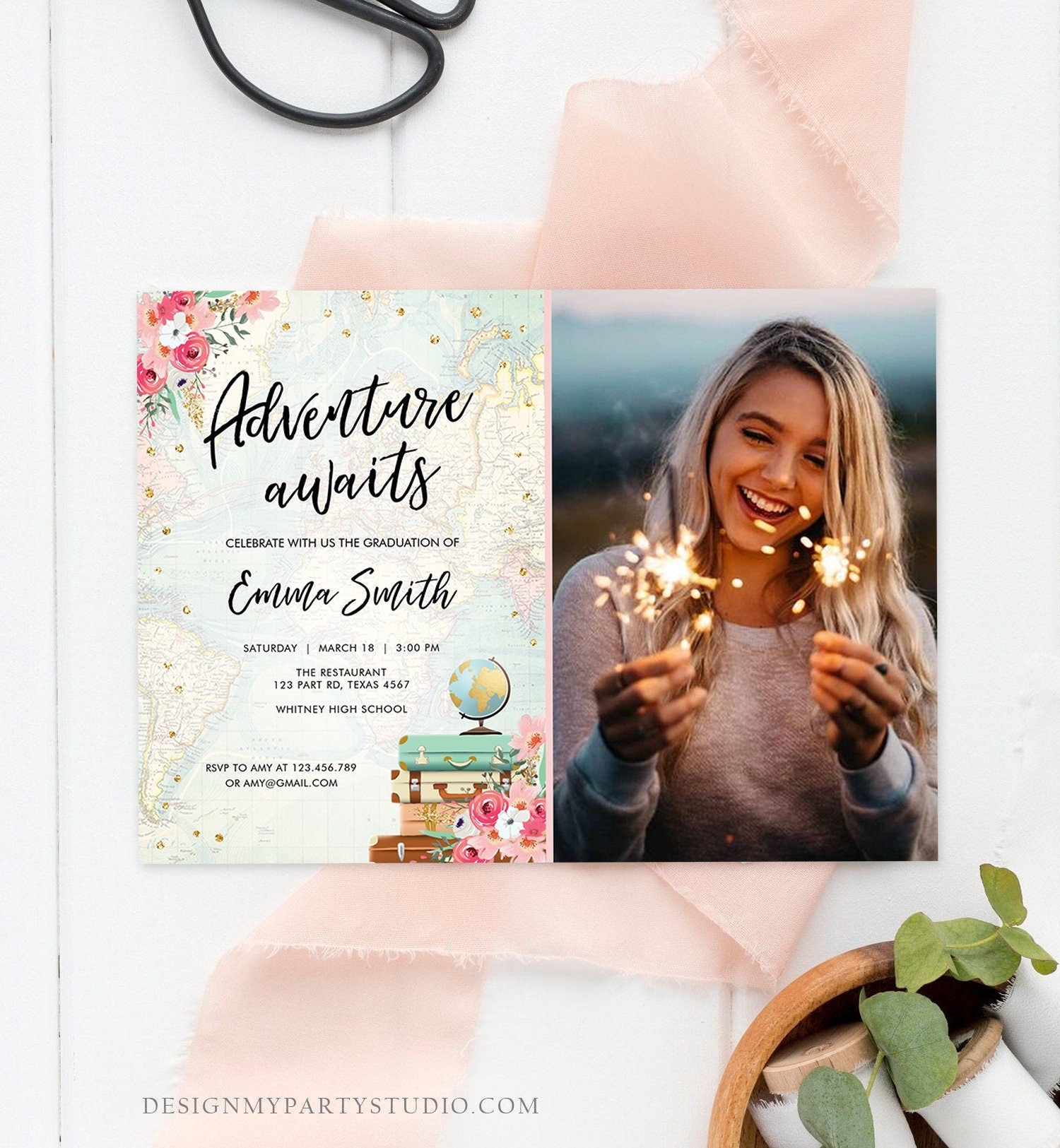 Editable Adventure Awaits Graduation Party Invitation Travel Around the World High School Grad College Digital Template Printable 0030