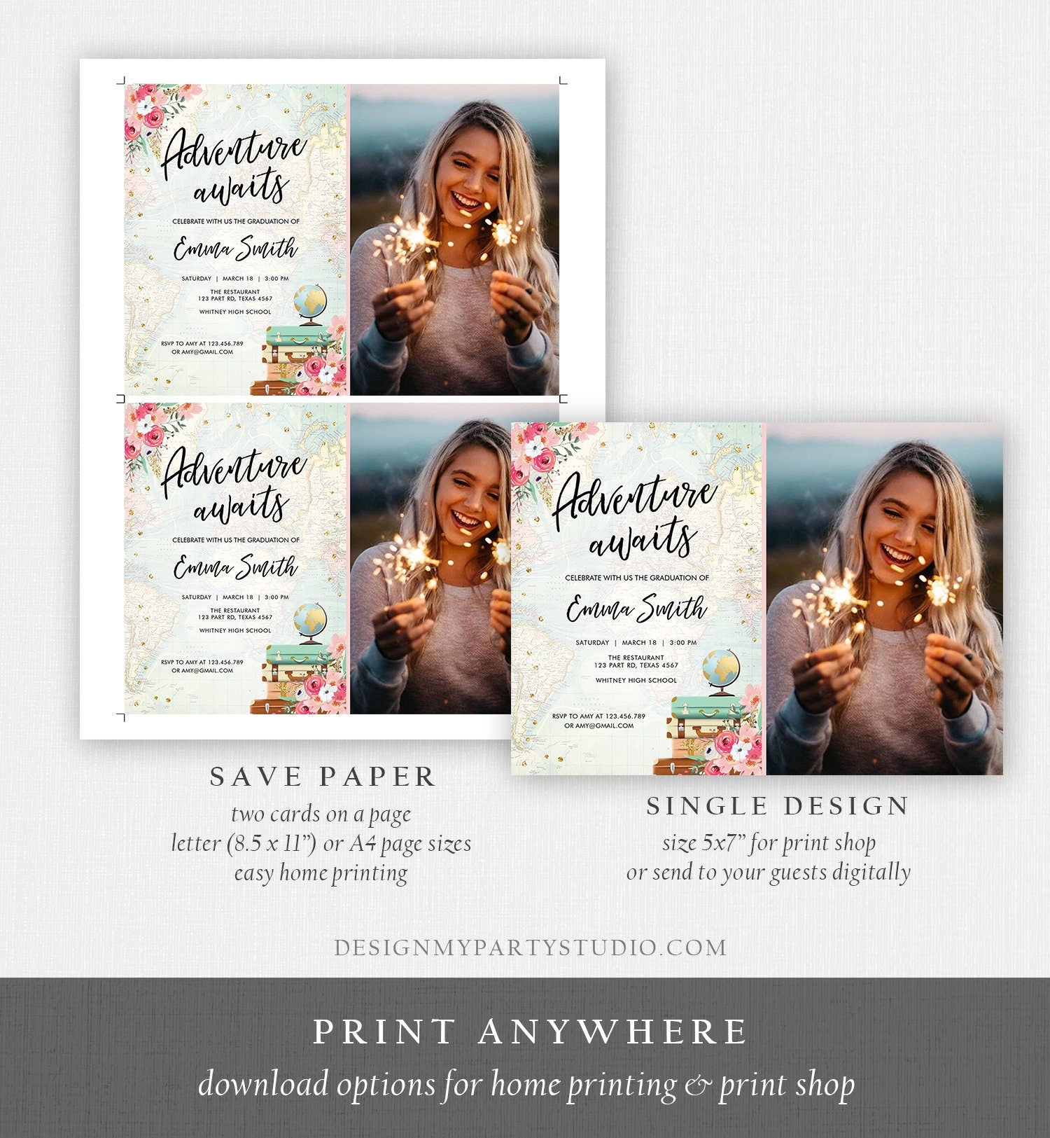 Editable Adventure Awaits Graduation Party Invitation Travel Around the World High School Grad College Digital Template Printable 0030