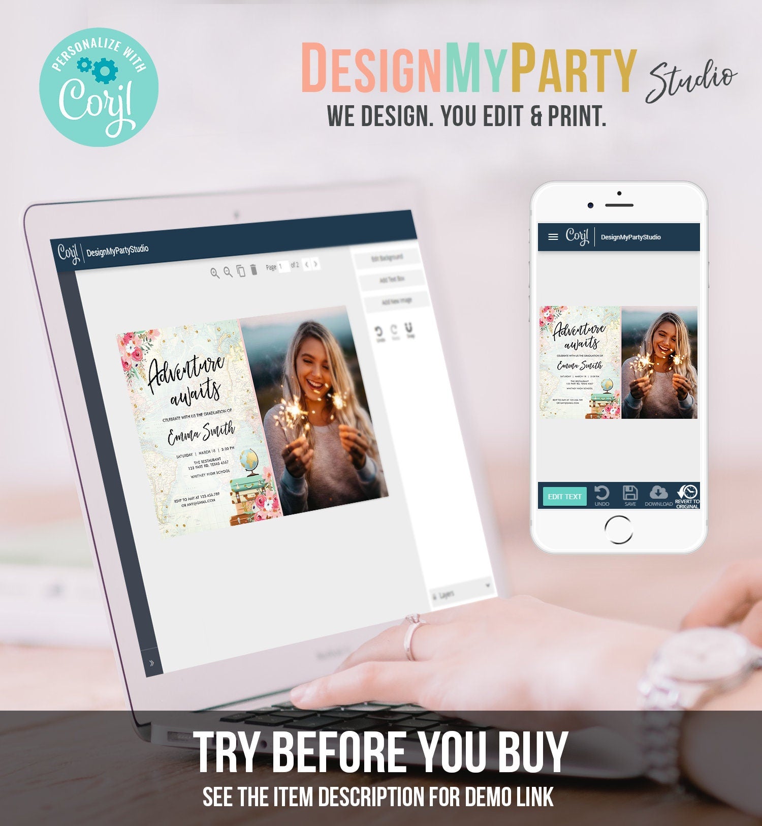 Editable Adventure Awaits Graduation Party Invitation Travel Around the World High School Grad College Digital Template Printable 0030