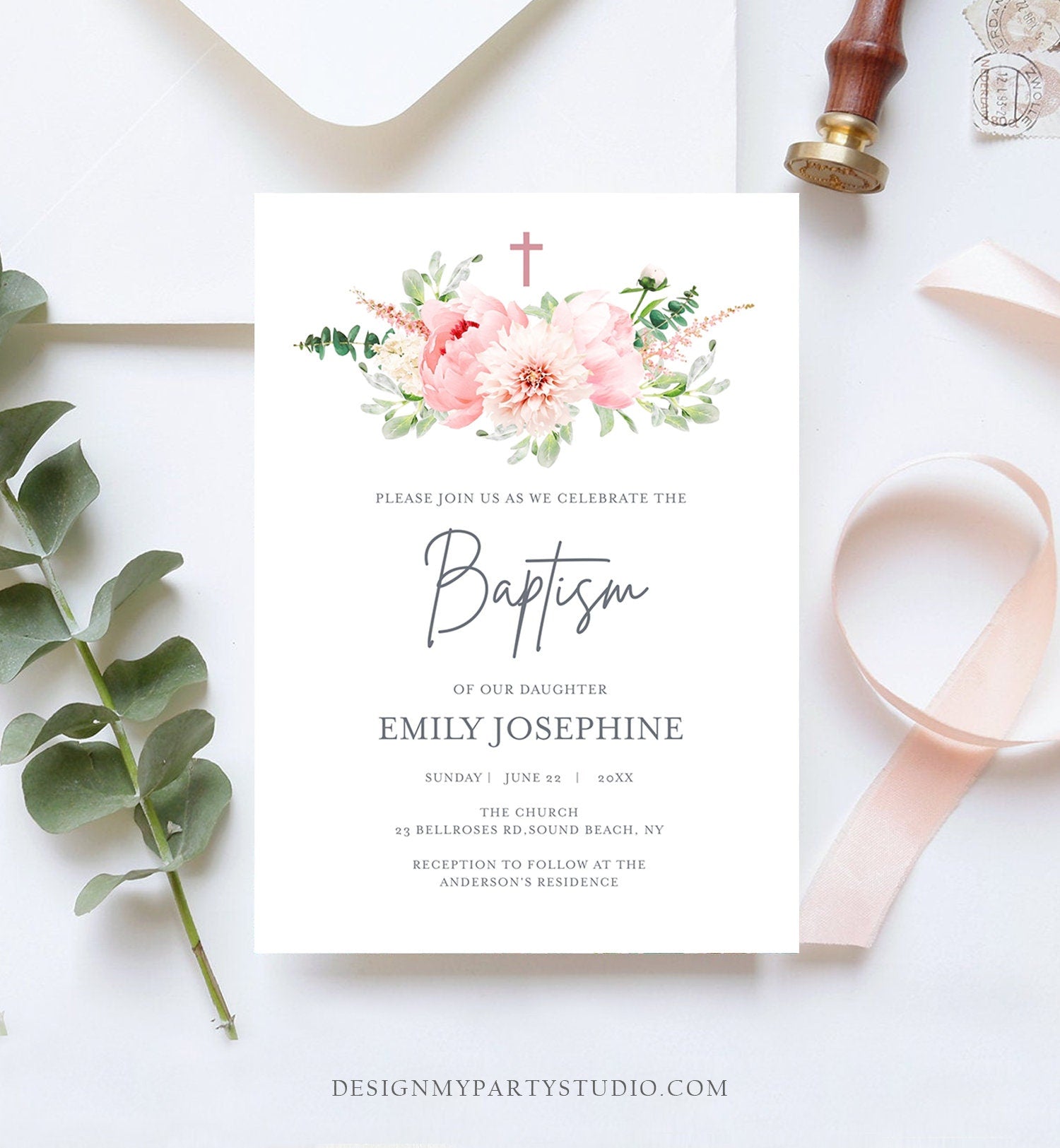Editable Floral Baptism Invitation Pink Girl Botanical Flowers Greenery Pastel Watercolor Peony Colors Digital Corjl Template Printable 0167