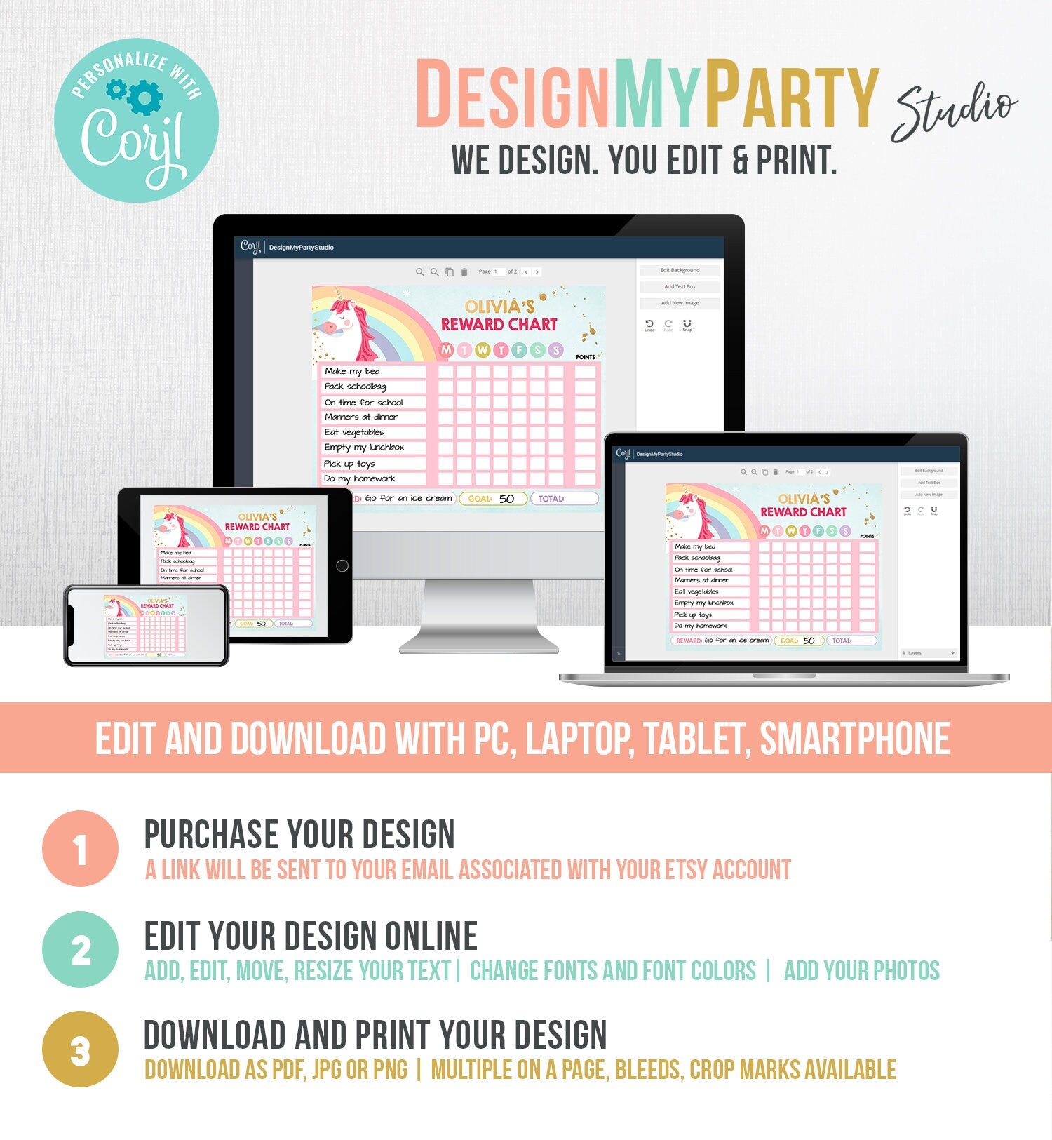 Editable Unicorn Reward Chart for Girls Unicorn Chore Chart for Kids Routine Chart Pink Purple Rainbow Digital Printable Habit Template 0323