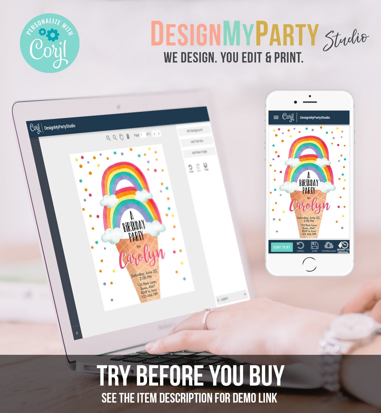 Editable Rainbow Ice Cream Birthday Invitation First Birthday Party Rainbow Party Cone Summer Rainbow Digital Template Printable 0243
