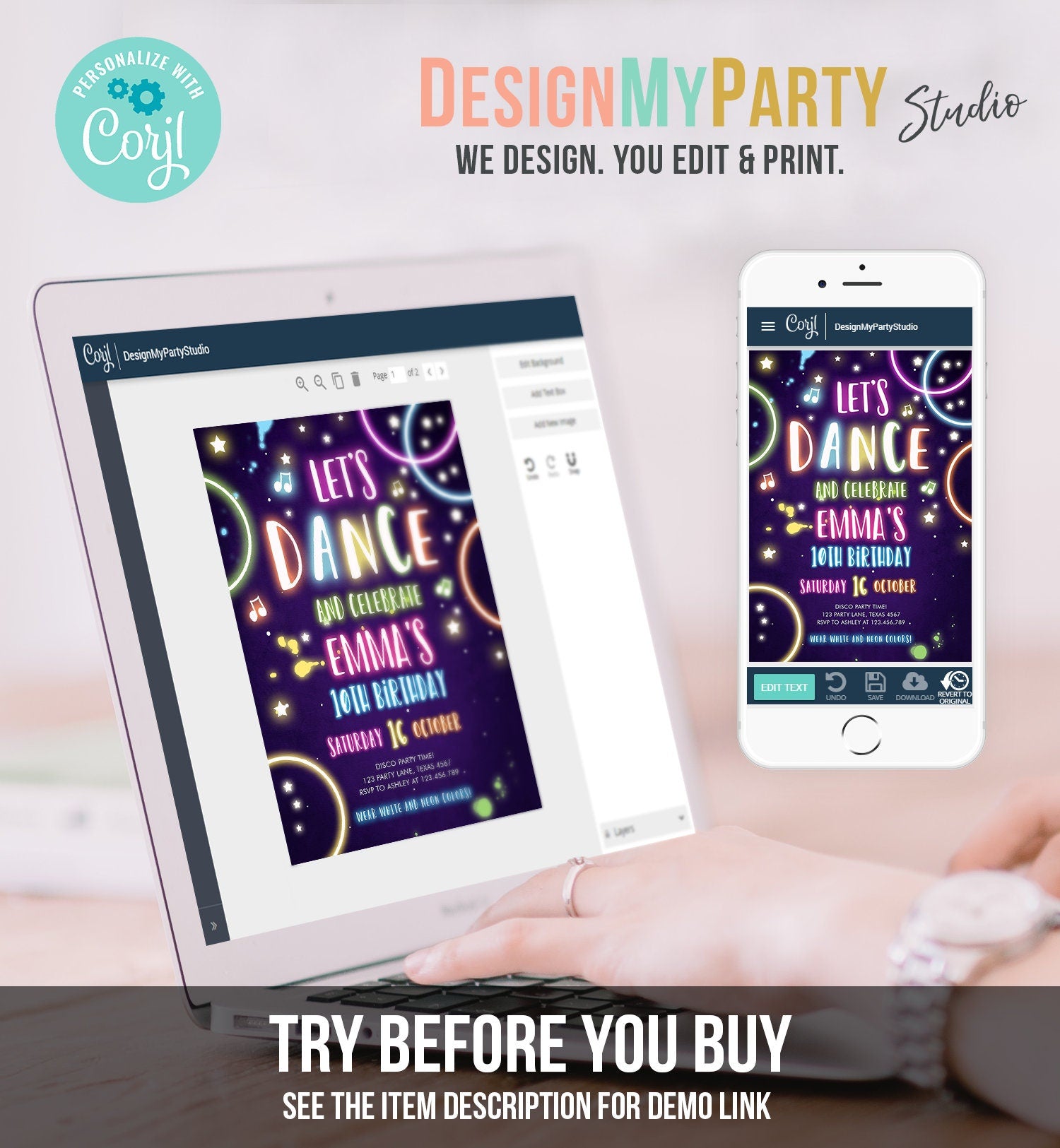 Editable Dance Party Birthday Invitation Disco Music Let's Dance Neon Glow In The Dark Party Girl Teen Pink Digital Template Printable 0172