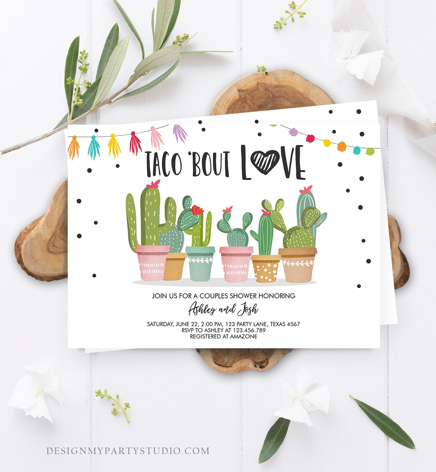 Editable Taco Bout Love Couples Shower Invitation Fiesta Cactus Succulent Mexican Green Pink Digital Download Corjl Template Printable 0254