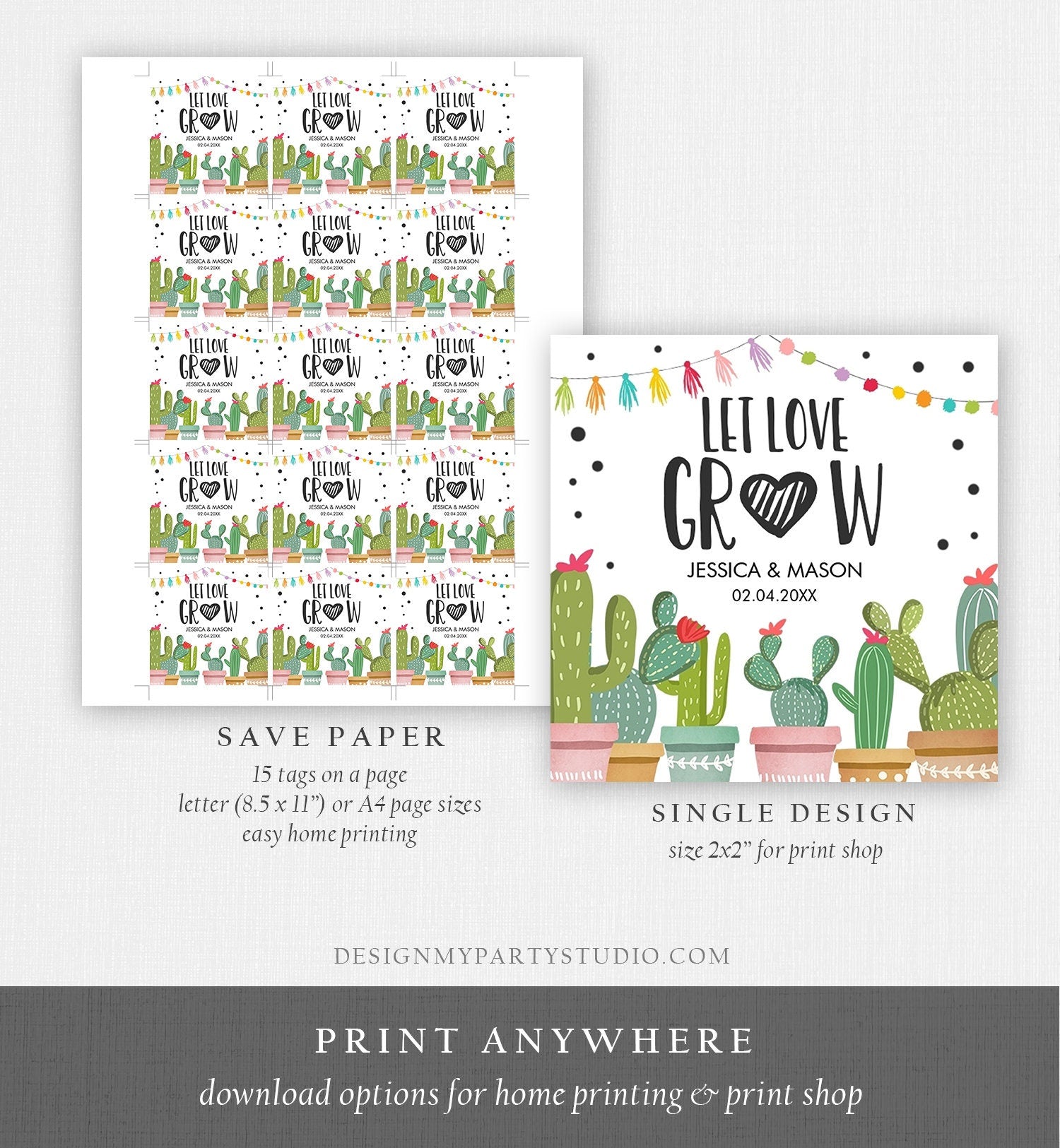 Editable Let Love Grow Tags Fiesta Bridal Shower Favor Tags Wedding Succulent Cactus Taco Bout Love Tag Baby Digital Template Printable 0254