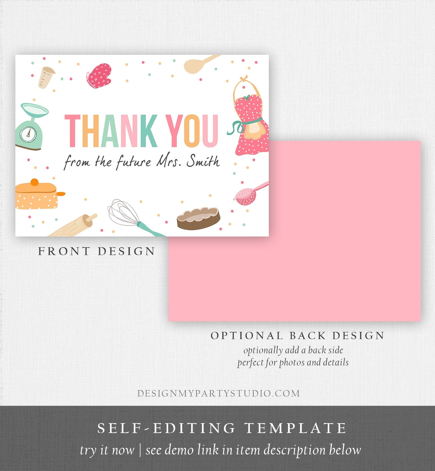 Editable Thank You Card Kitchen Bridal Shower Cooking Birthday Baking Little Chef Girl Thank You Note Printable Template Download Corjl 0219