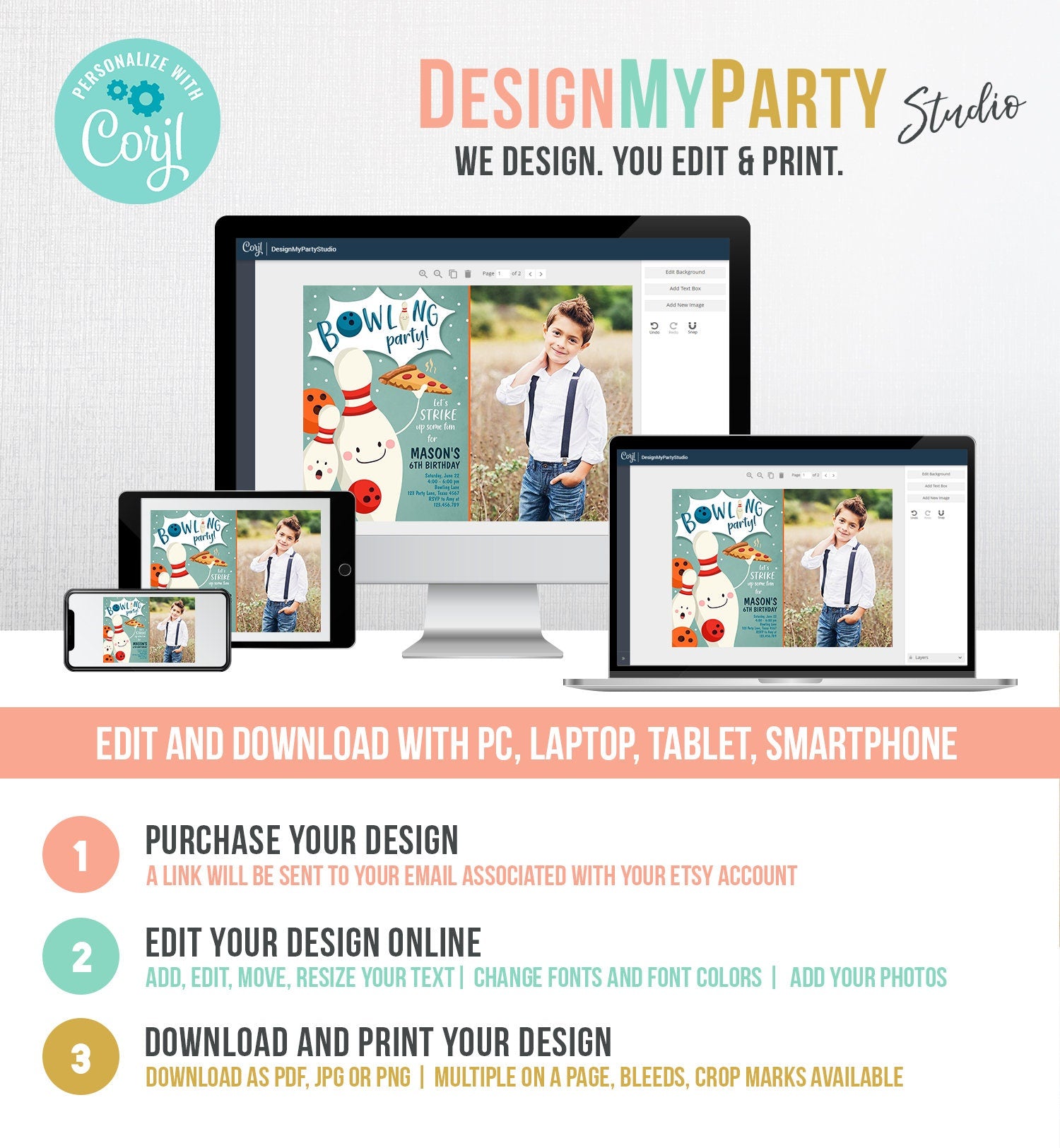 Editable Bowling Birthday Invitation Strike Up Some Fun Boy Bowling Party Pizza Blue Orange Instant Download Printable Template Corjl 0324