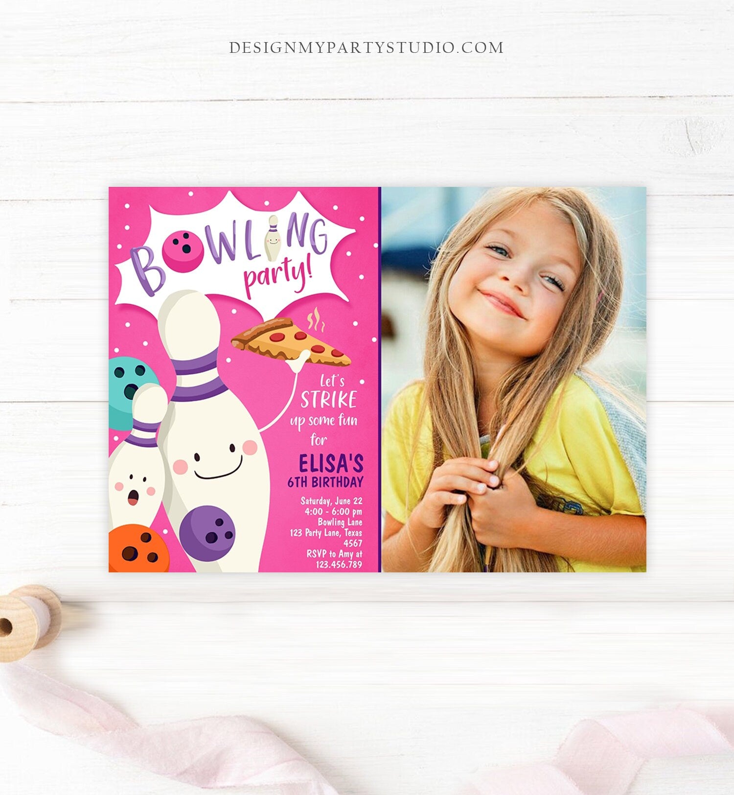 Editable Bowling Birthday Invitation Strike Up Some Fun Girl Bowling Party Pizza Pink Purple Digital Download Evite Template Printable 0324