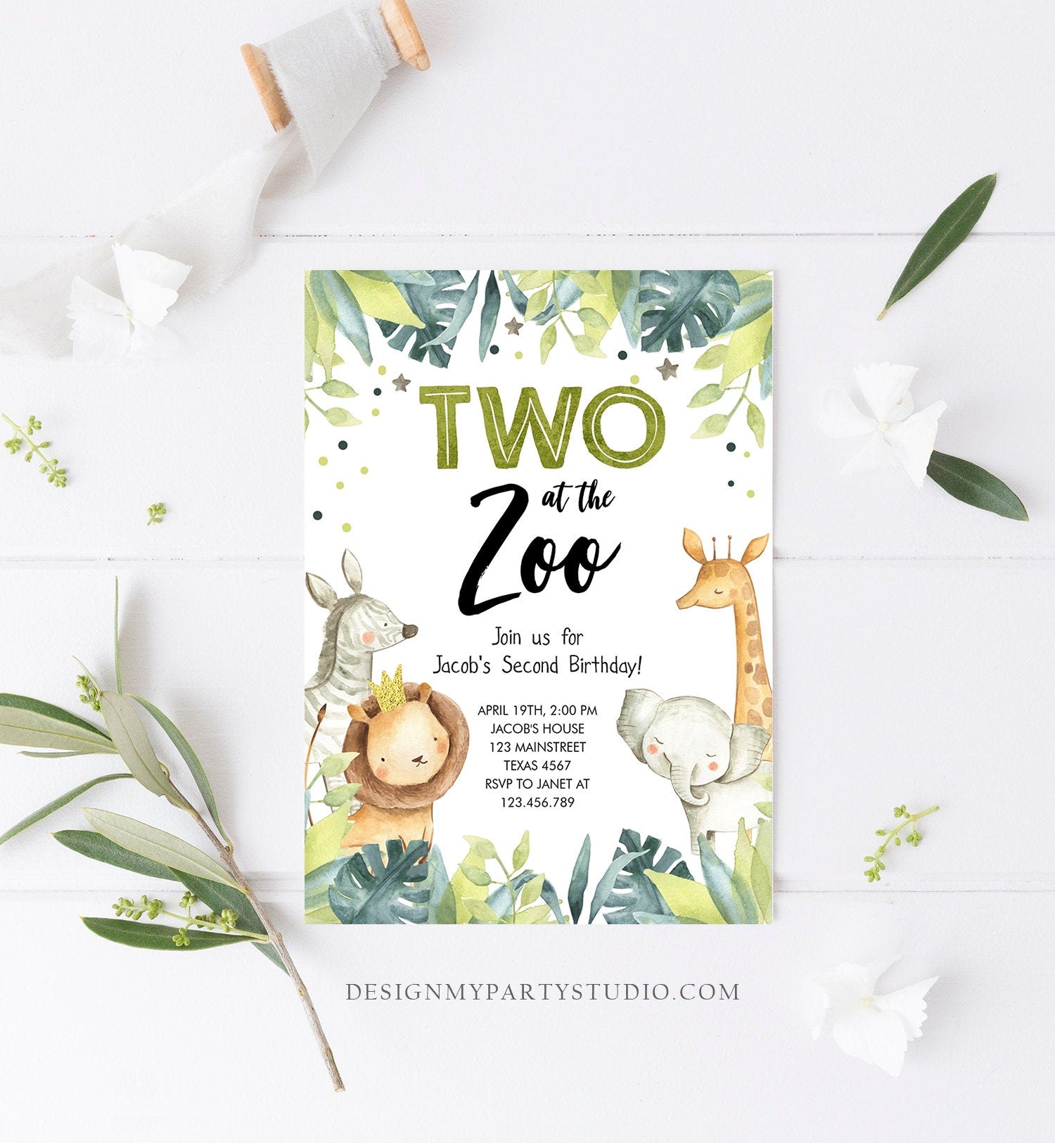 Editable Two in the Zoo Birthday Invitation Boy Second Birthday 2nd Safari Animals Party Jungle Green Gold Two Wild Corjl Template 0163