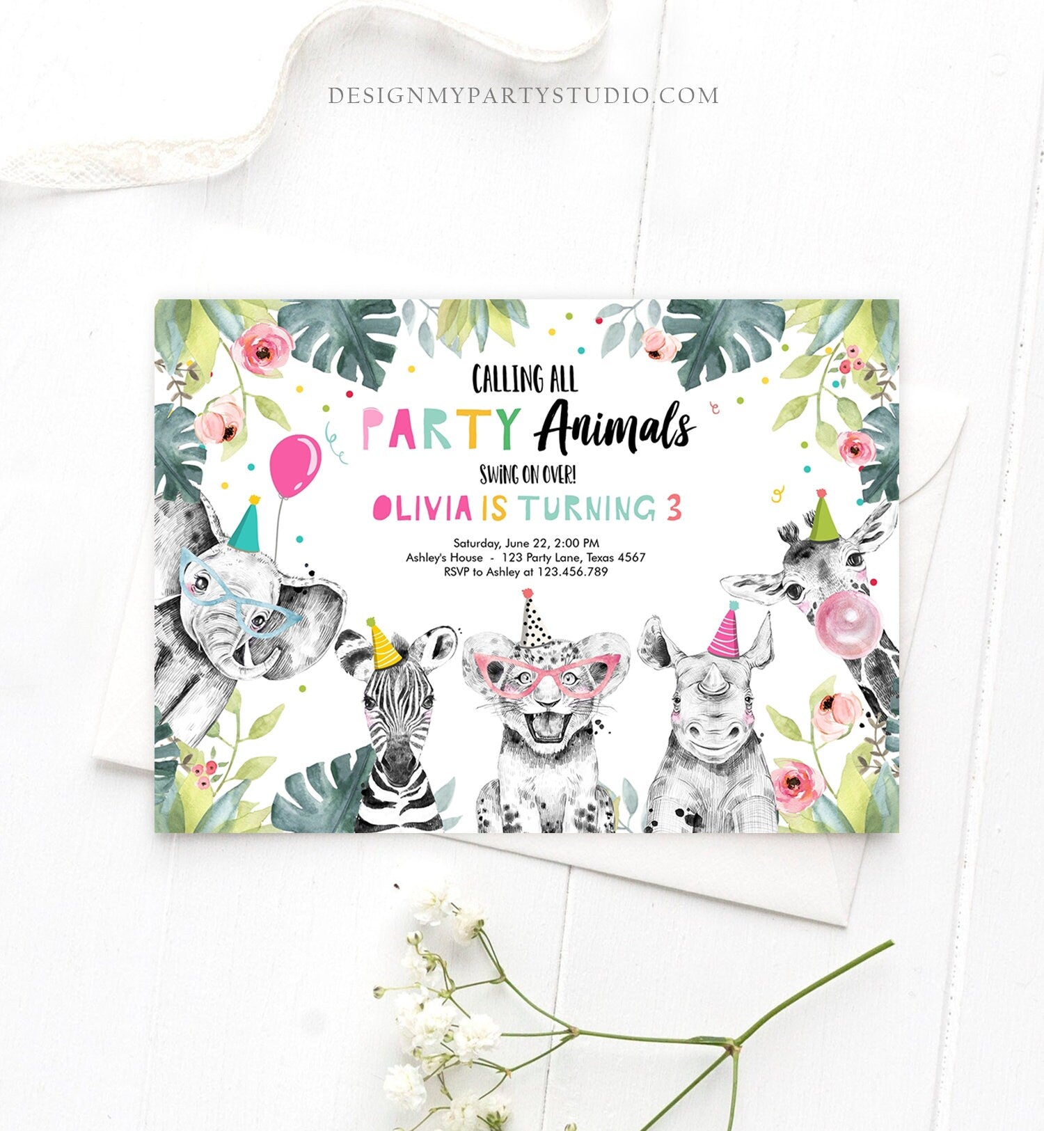 Editable Party Animals Birthday Invitation Wild One Animals Invitation Zoo Safari Animals Girl Digital Download Template Printable 0322