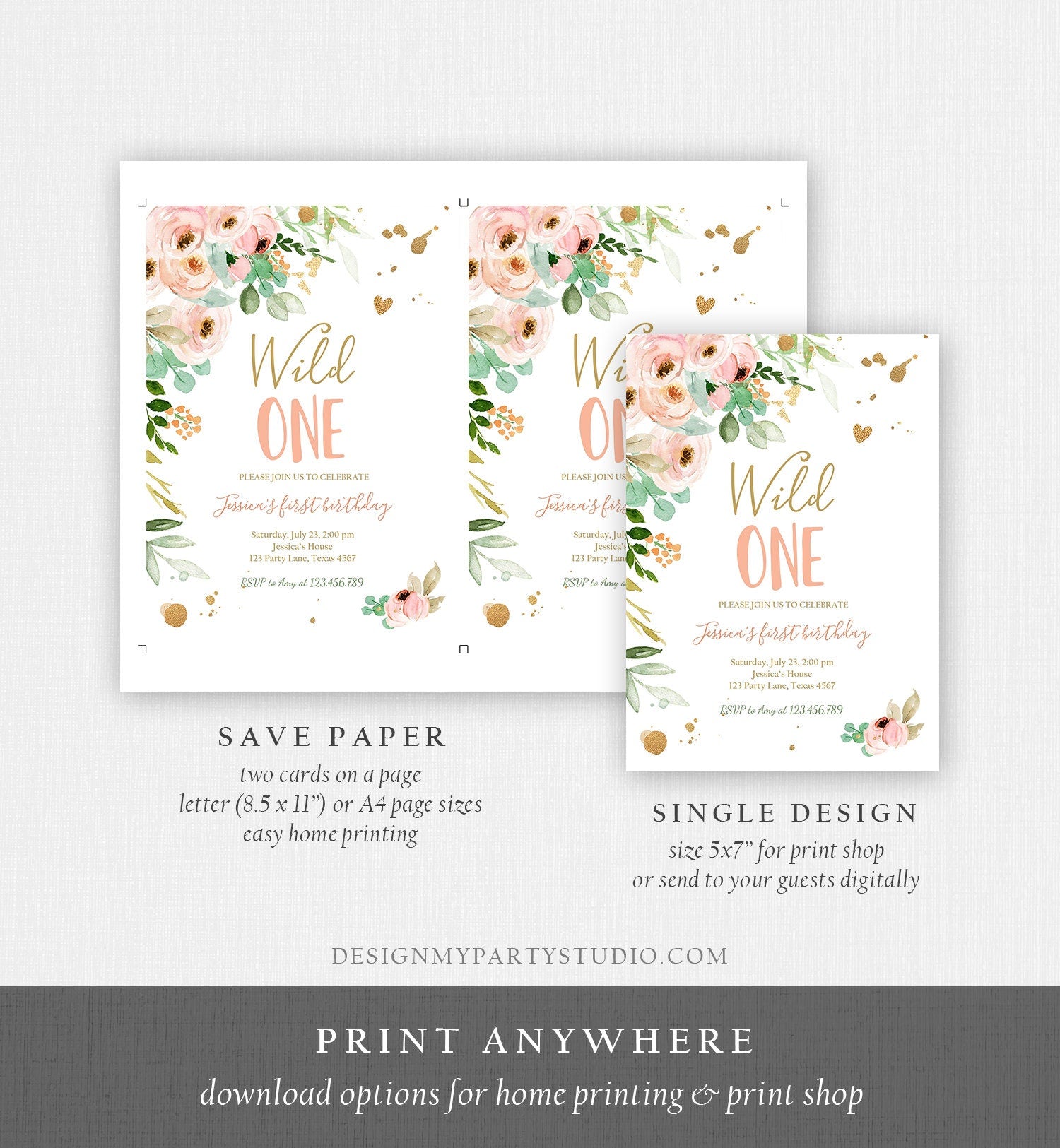Editable Wild One Birthday Invitation 1st Birthday Girl Pink Gold Floral Miss Onederful Digital Download Evite Template Printable 0147