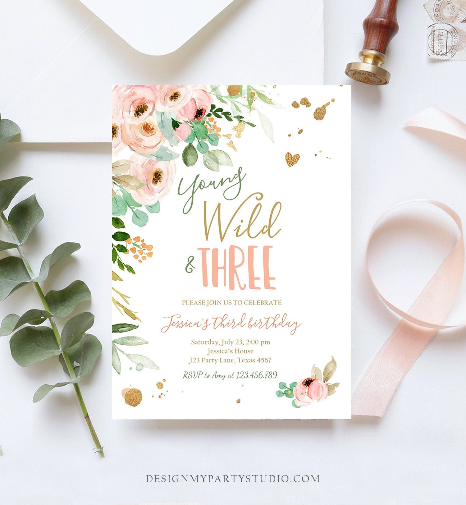 Editable Young Wild and Three Birthday Invitation 3rd Birthday Girl Pink Gold Floral Wild Download Printable Template Corjl Digital 0147