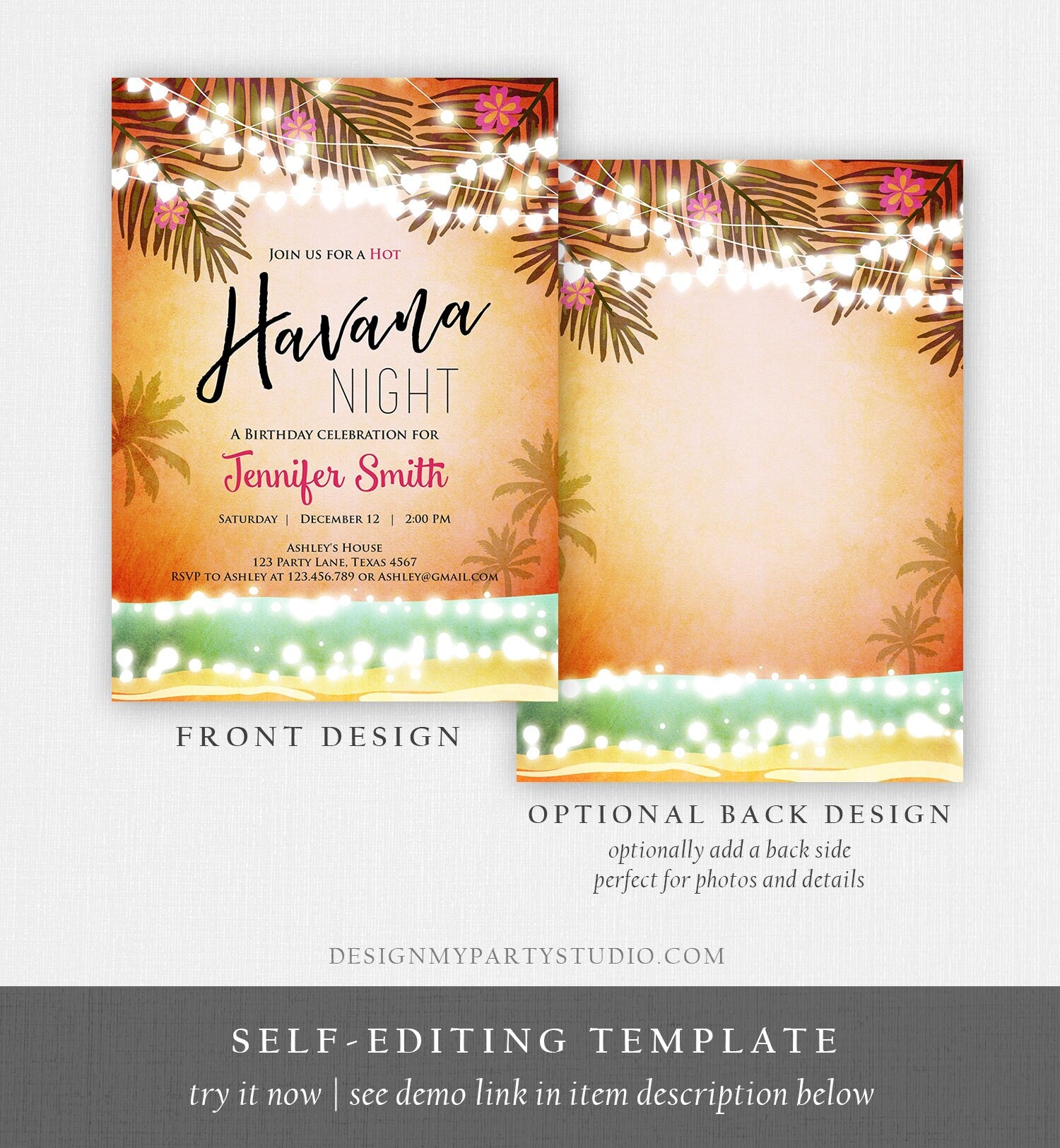 Editable Havana Nights Invitation Night in Havana Birthday Vintage Beach Download Cuban Digital Download Evite Template Printable 0287