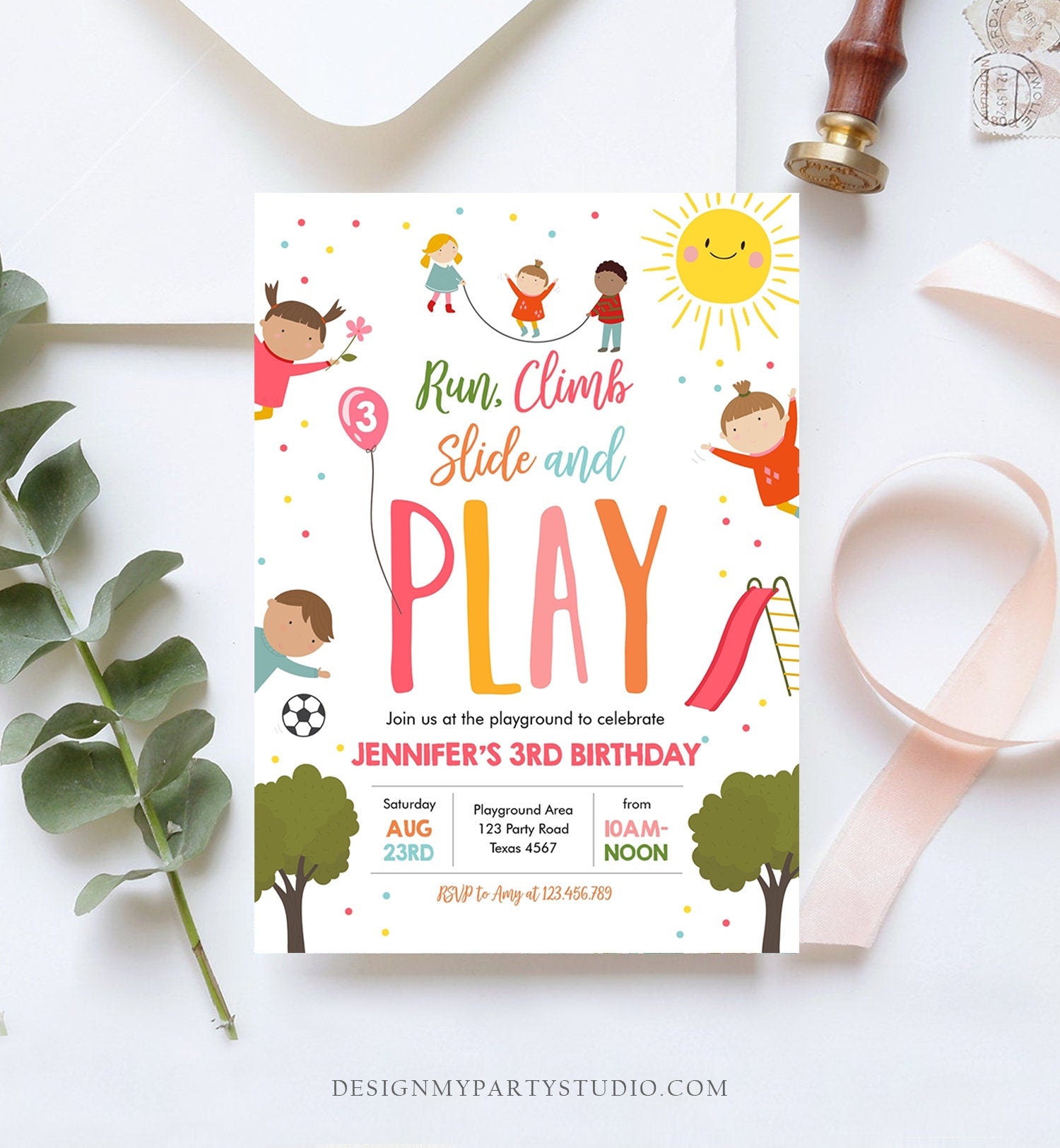 Editable Playground Birthday Invitation Party In The Park Girl Pink Run Climb Slide and Play Digital Download Evite Template Printable 0327